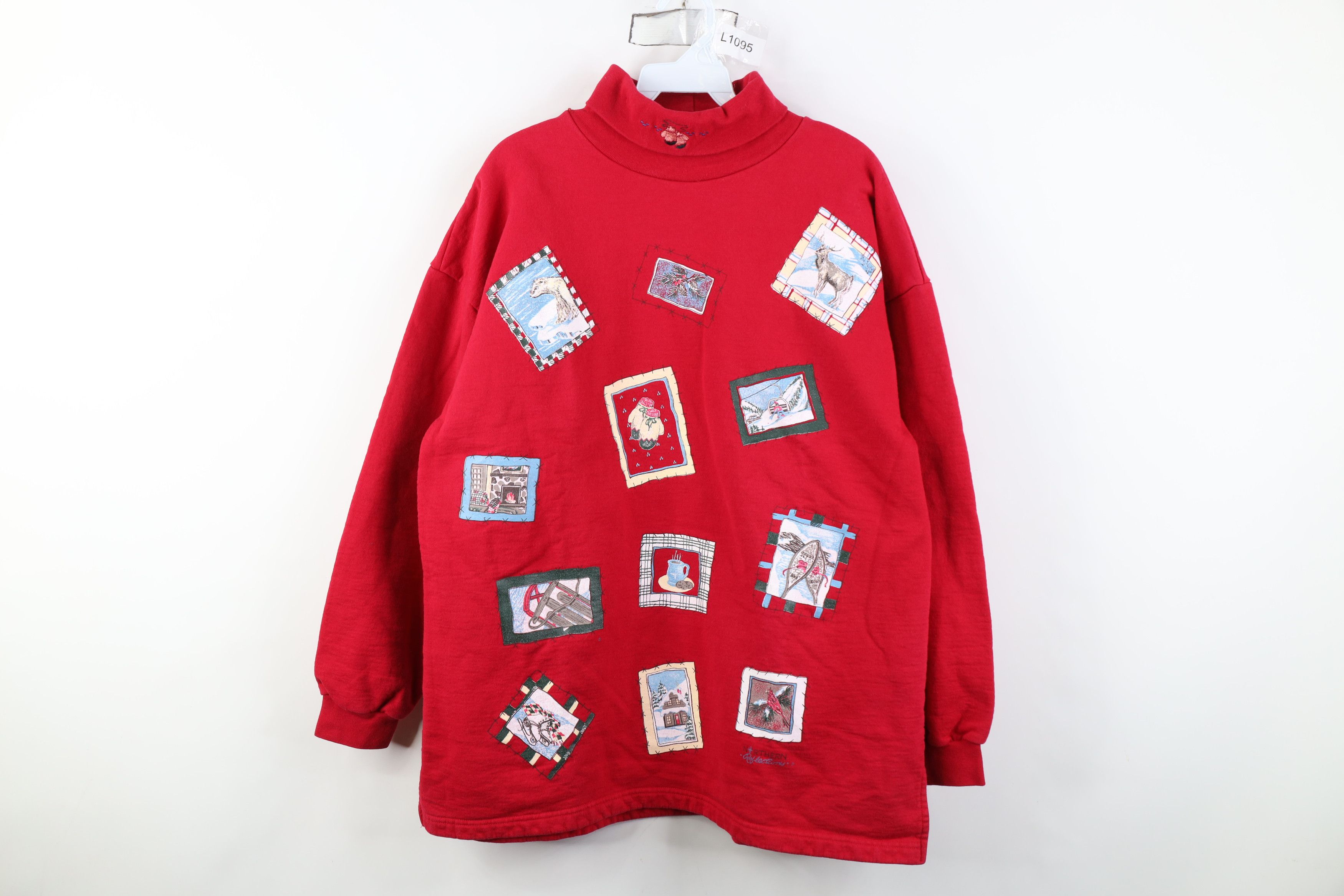 Vintage Vintage 90s Oversized Winter Stamp Turtleneck Sweatshirt Red Size M / US 6-8 / IT 42-44 - 1 Thumbnail