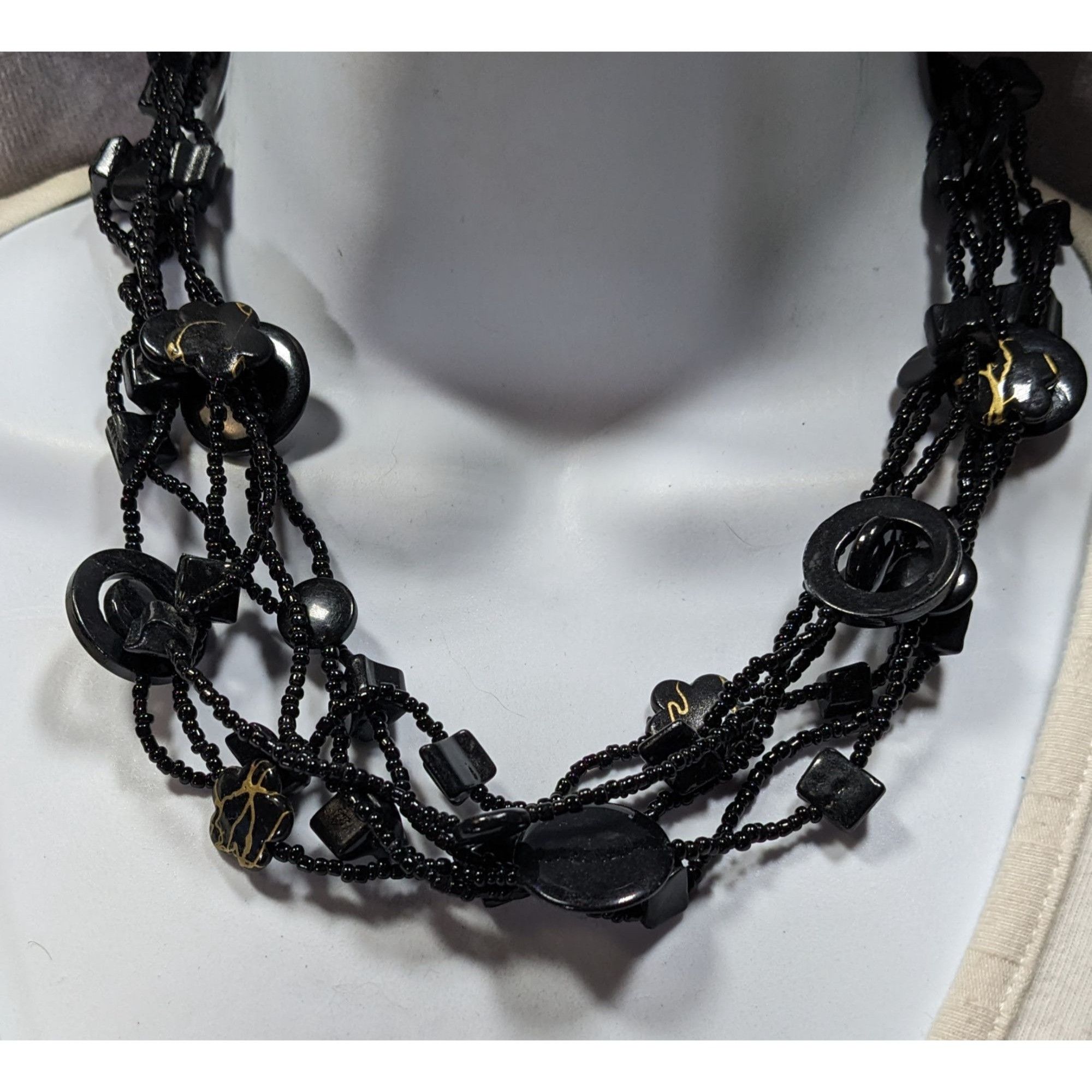 Other Multistrand Black Beaded Artisan Necklace With Geometric Sto Size ONE SIZE - 1 Thumbnail