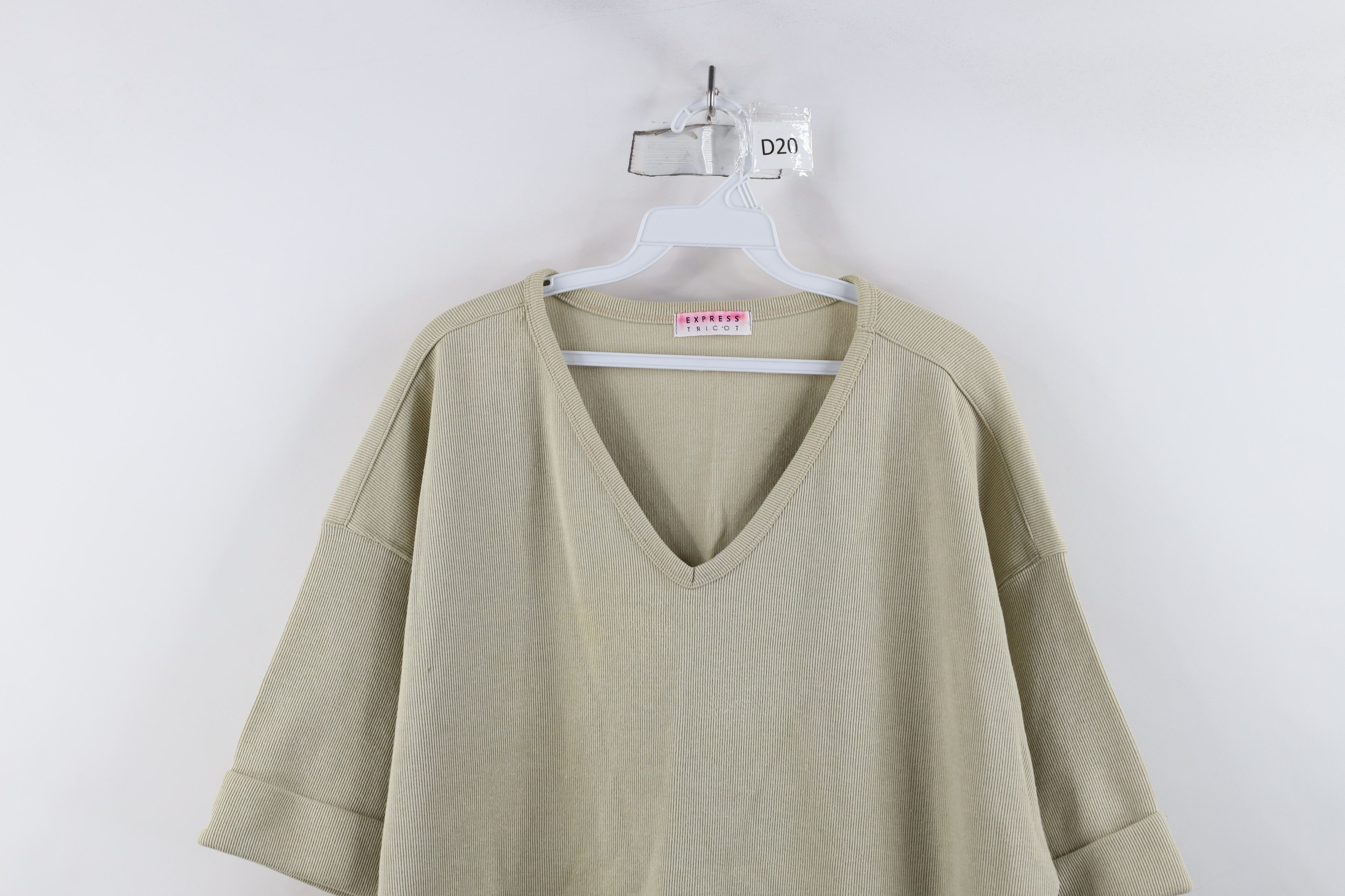 Express × Vintage Vintage 90s Express Thermal Ribbed Knit V-Neck T-Shirt Beige Size L / US 10 / IT 46 - 2 Thumbnail