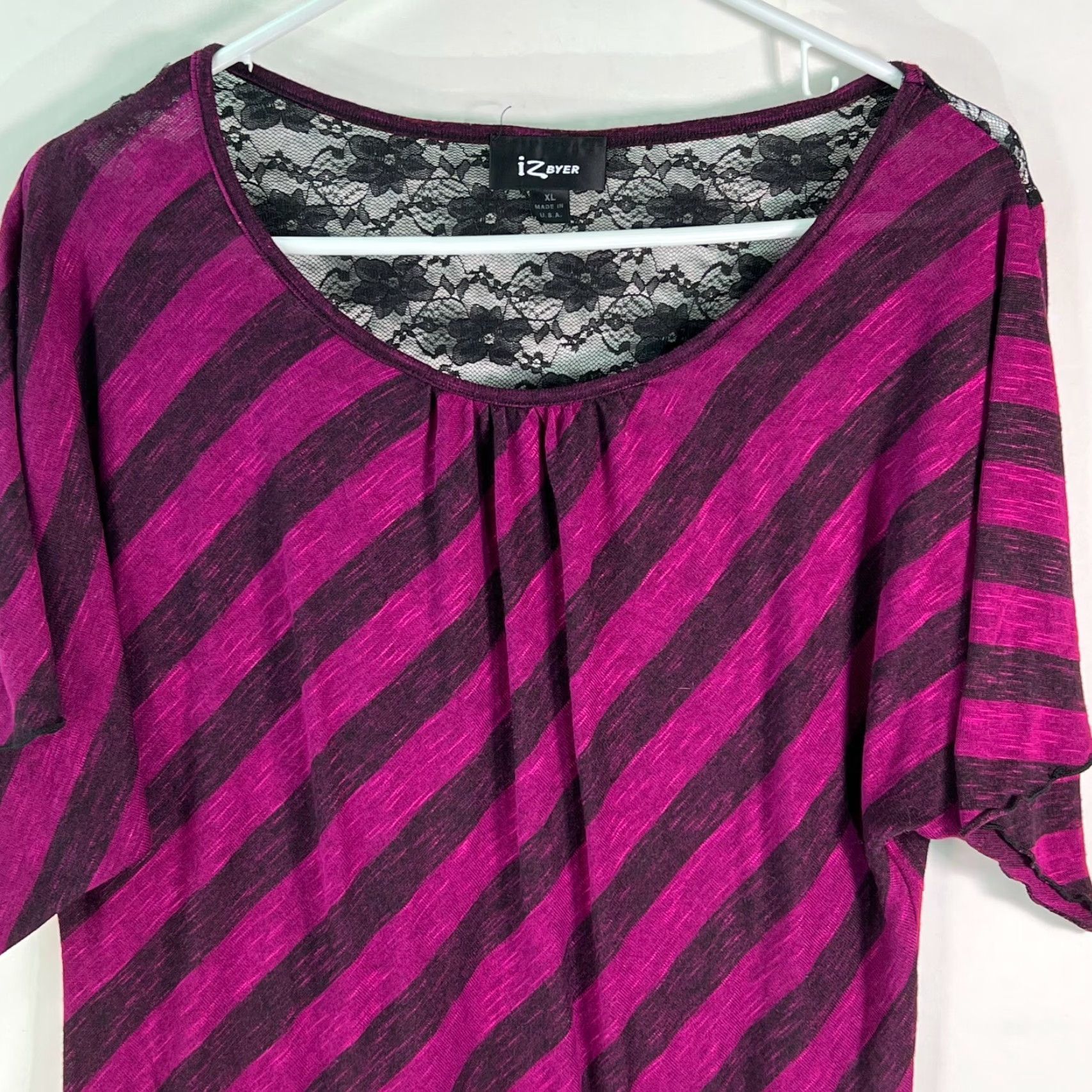 Vintage IZ Byer Womens Blouse Shirt Striped Lace Back Purple XL Dolman Sleeve Casual Regular Runtime: 22in 40in Chest Womens Fit 50% Rayon 50% Polyester Size XL / US 12-14 / IT 48-50 - 3 Thumbnail