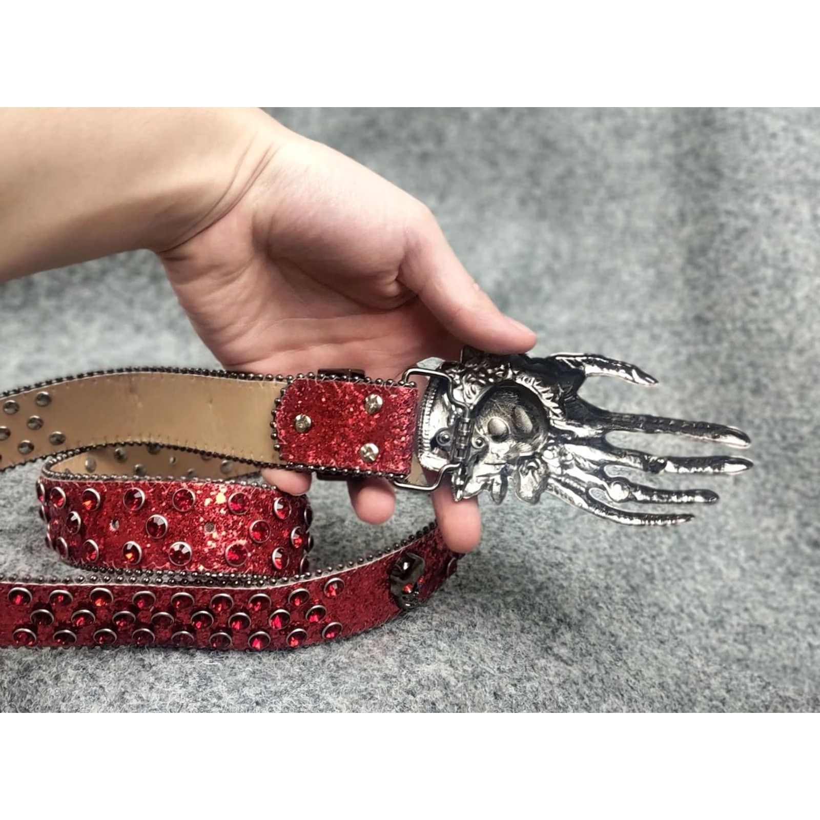 Vintage VINTAGE Punk Rock Western Belt Mens One Size Red Glitter Skull Hand Buckle Studded Leatherette Faux Leather Opium Y2K Style Size ONE SIZE - 7 Thumbnail