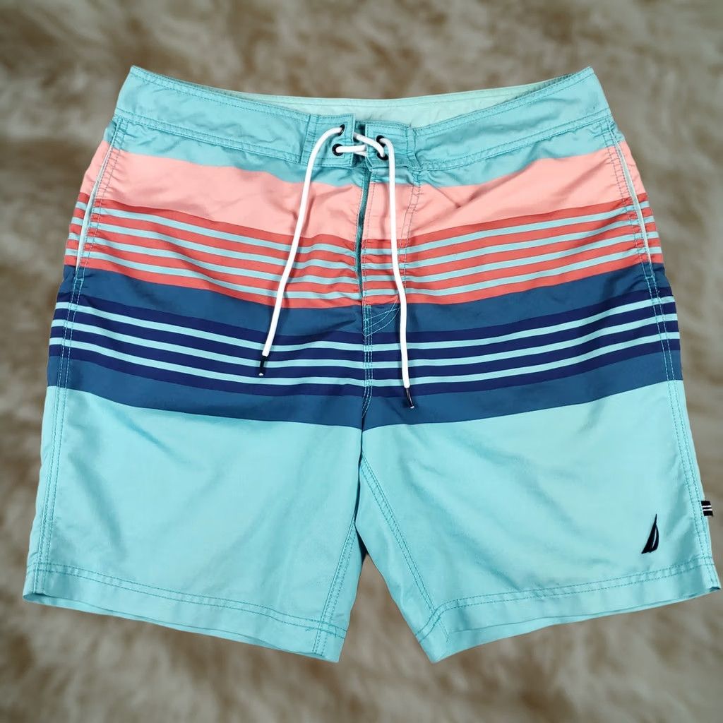 Nautica VINTAGE Nautica Mens 36 Blue Striped Tropical Beach Surf Board Swim Trunks Aloha Hawaiian Beach Size US 36 / EU 52 - 1 Thumbnail