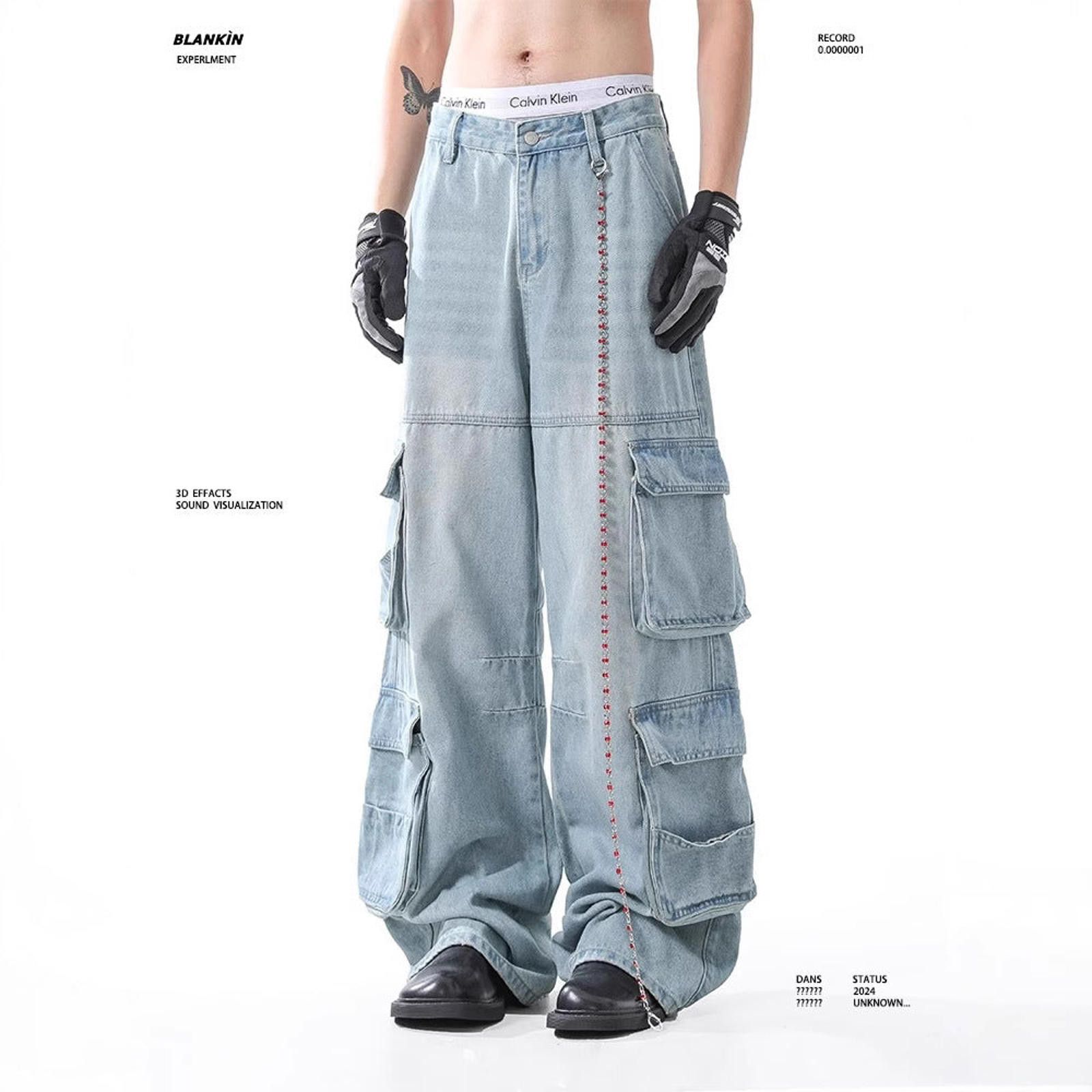 Vintage Light Blue Baggy Cargo Denim Jeans, Wide Leg Jeans Size US 32 / EU 48 - 4 Thumbnail