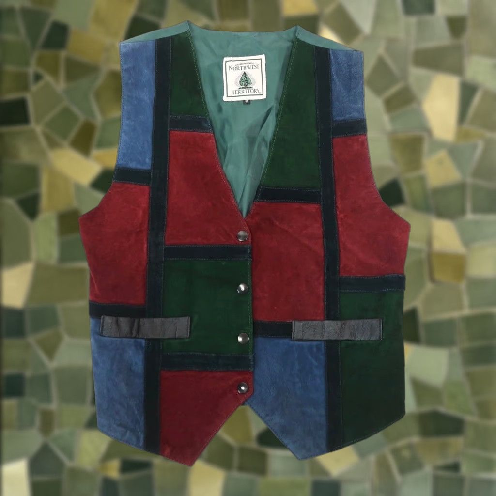 VINTAGE Northwest Territory Suede Patchwork Vest Dark Green Burgundy Geometric Snap 90s M Womens Sleeveless Short Length Fall Winter Vintage Yes