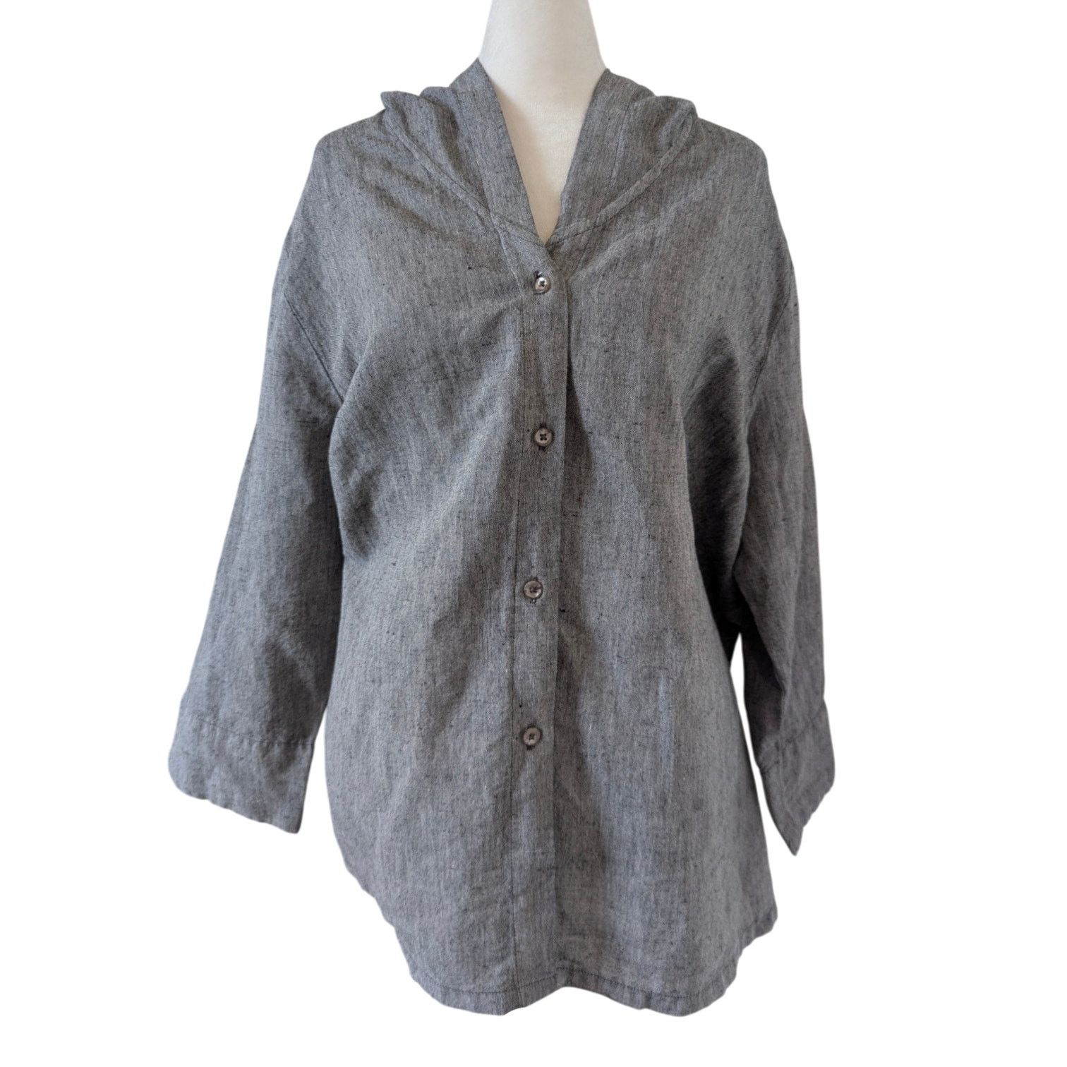 Other Partners' Grey Linen Button Up Hoodie 3/4 Wide Sleeve Blouse Size XL / US 12-14 / IT 48-50 - 1 Thumbnail