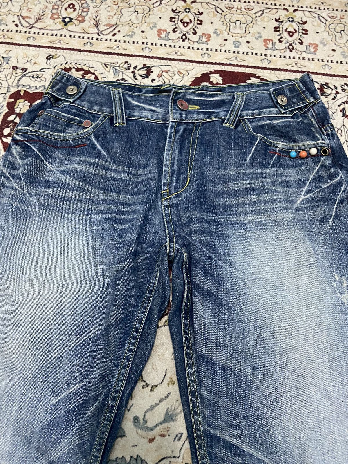 Japanese Brand X Red pepper distressed flare jeans