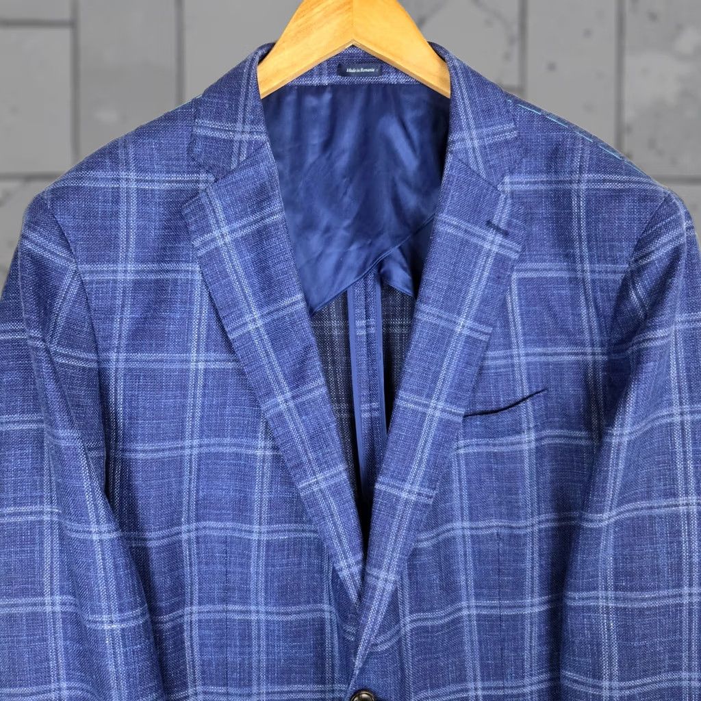 Peter Millar Peter Millar Jacket Blue Windowpane 48 Long Wool/Silk/Linen Unstructured Notch Lapel Size US M / EU 48-50 / 2 - 1 Thumbnail