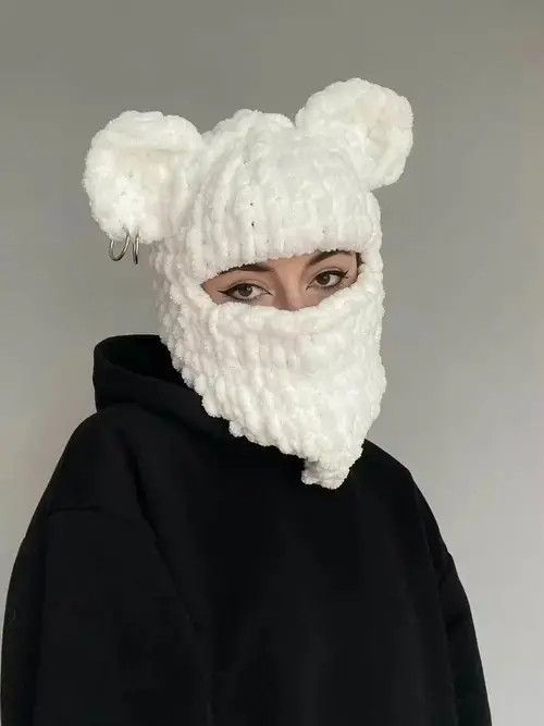 Handmade Dear Balaclava . Knitted ski mask with ears. White face mask Size ONE SIZE - 3 Thumbnail