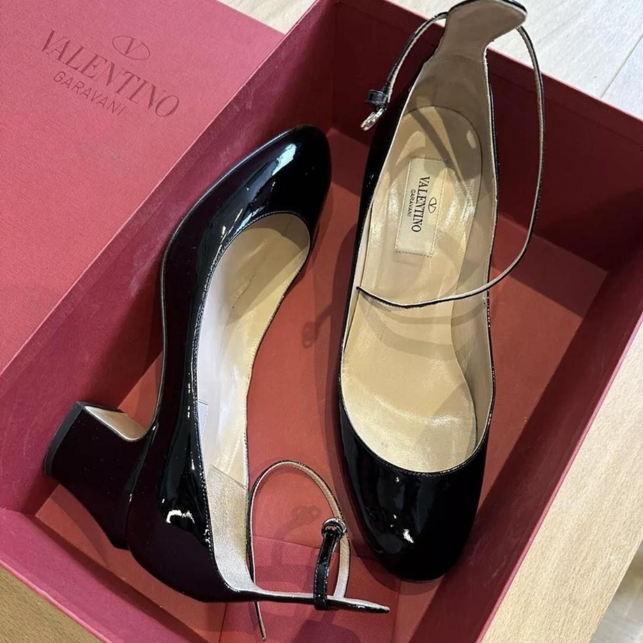 image of Valentino Short Black Patent Leather Heel Shoes Ankle Strap, Women's (Size 8)