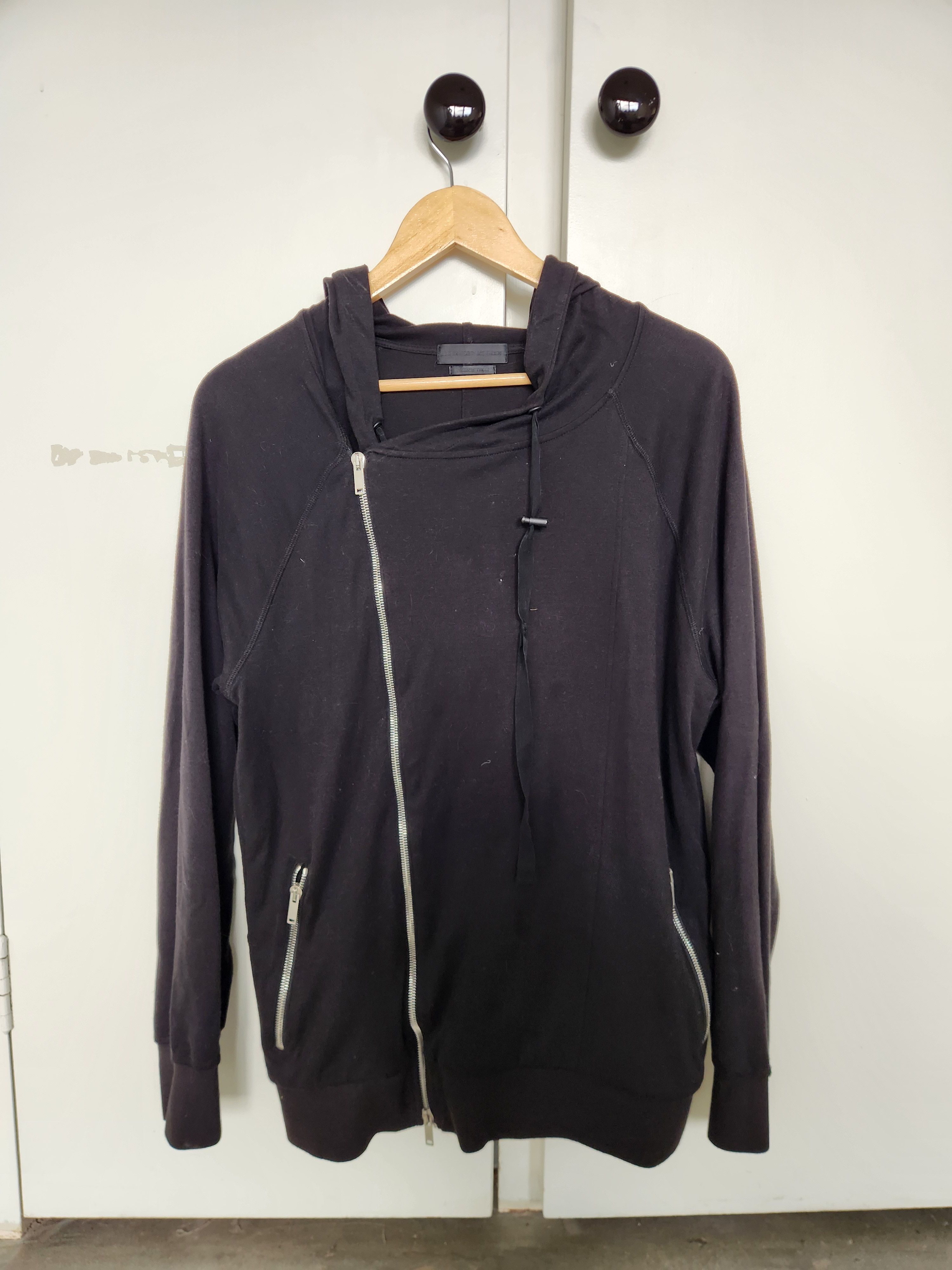 Asymmetrical black zipper light weight jacket w/ hood