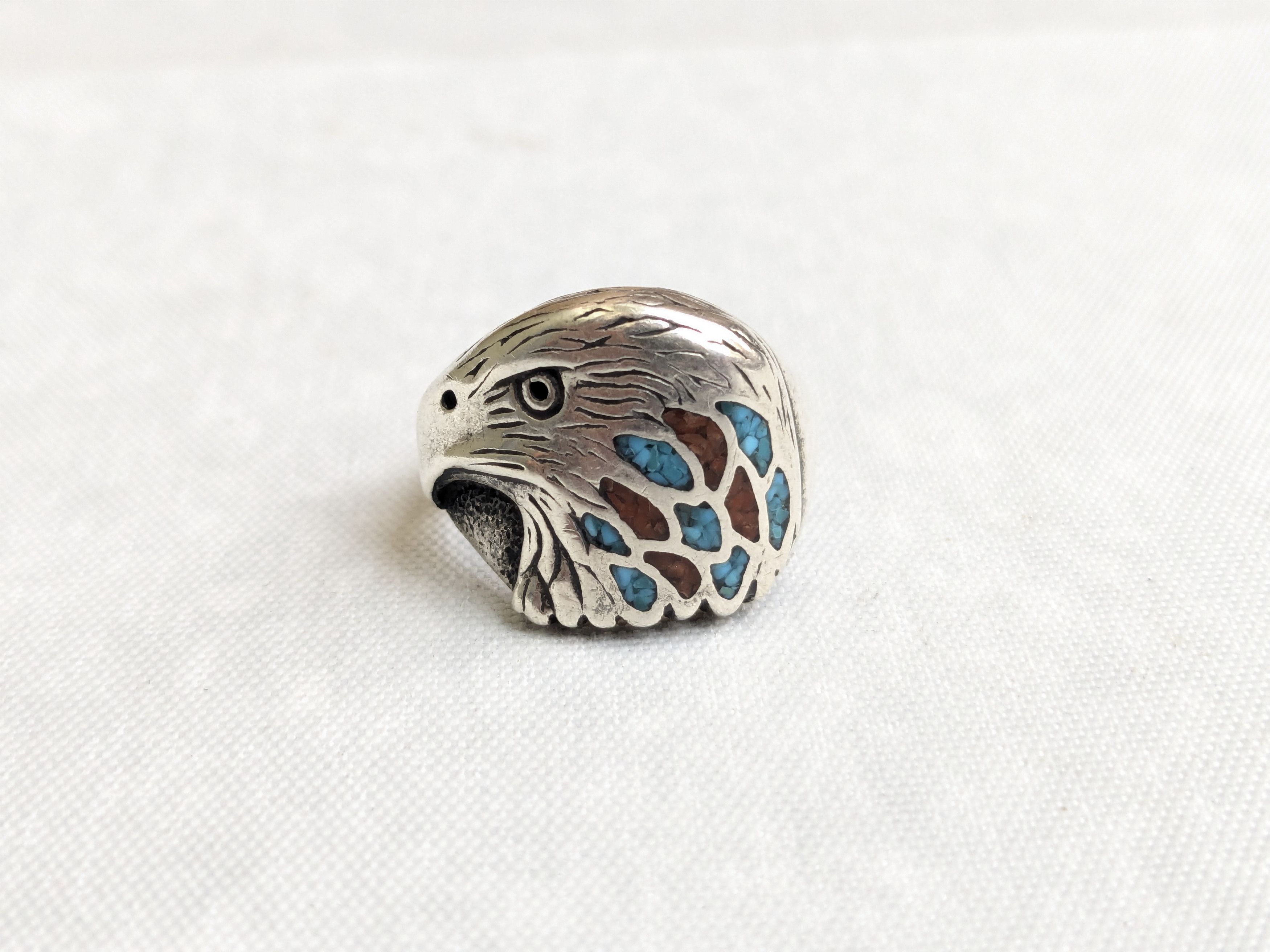 Jewelry Sterling Silver Ring Crushed Turquoise Coral 8 Eagle Native Size ONE SIZE - 3 Thumbnail