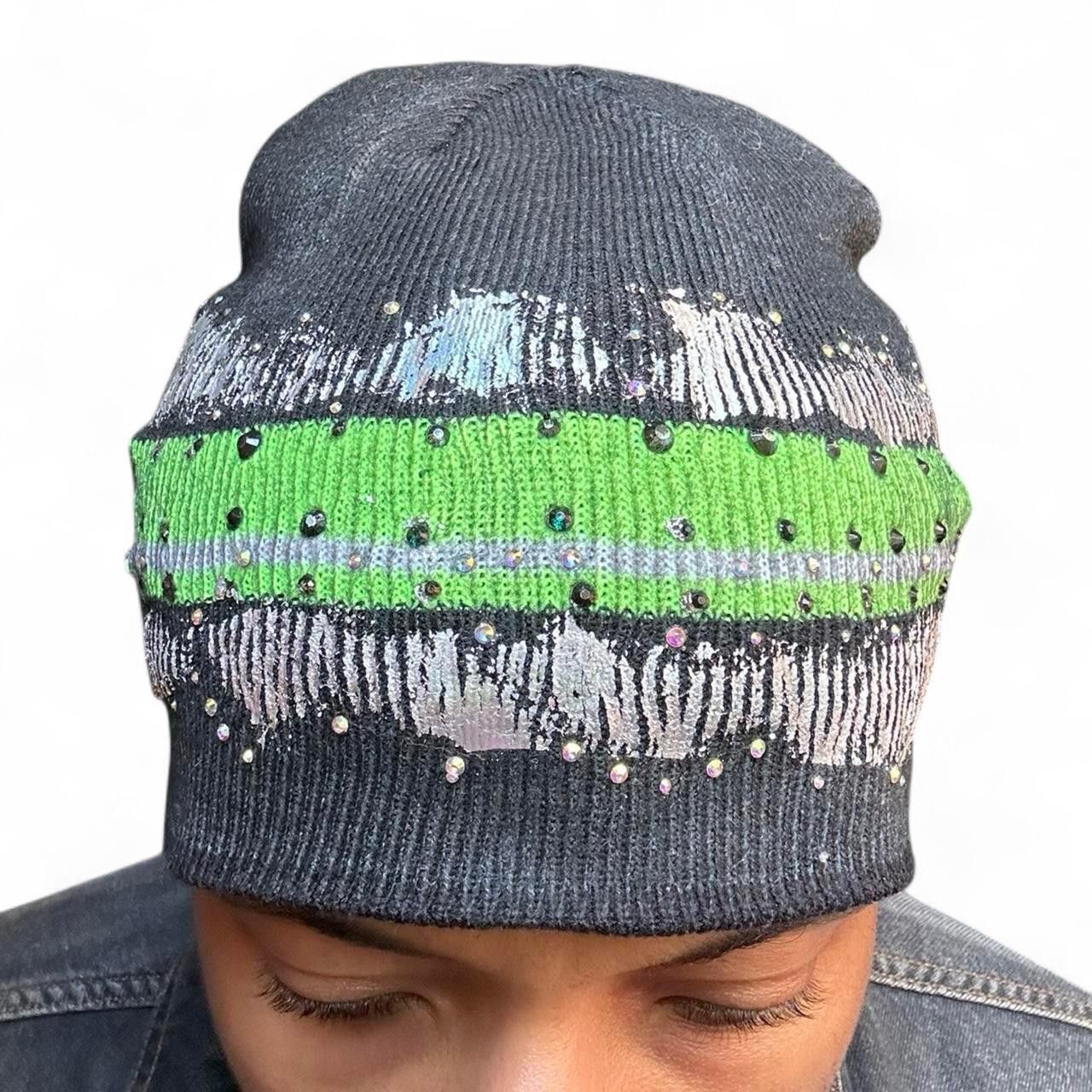 Vintage ASTROBOI Grey Beanie w/ Green Stripe & Rhinestones – OS* Size ONE SIZE - 2 Thumbnail