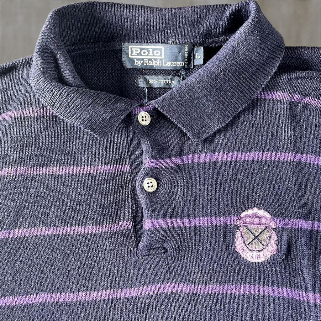 Polo Ralph Lauren VINTAGE Polo Ralph Lauren Sweater Mens Large Navy Purple Striped Bel Air Golf Club 90s Pullover Knit Cotton/Collared Mens Size US L / EU 52-54 / 3 - 1 Thumbnail