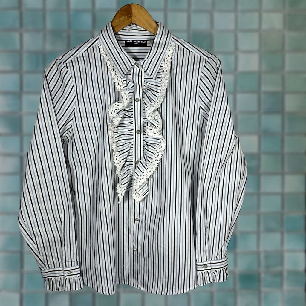 Karl Lagerfeld Karl Lagerfeld Paris Womens Blouse Shirt Blue Striped Ruffle Lace Front Button 100% Cotton Size M / US 6-8 / IT 42-44 - 1 Thumbnail