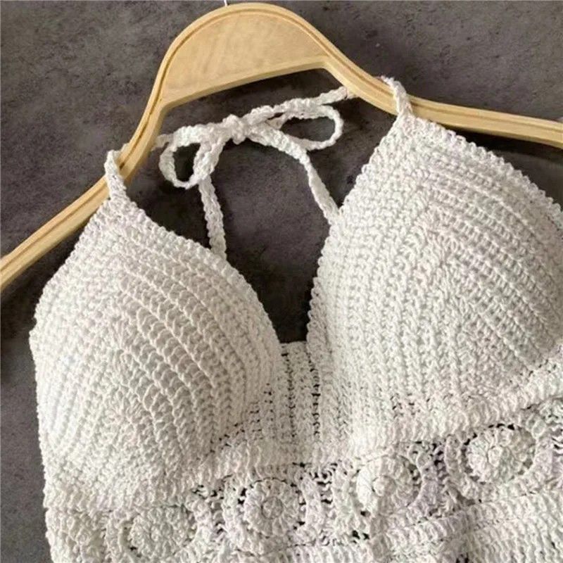 Other White Handmade Crochet Lace Halter Bralette Top, Crop Top Size ONE SIZE - 9 Thumbnail