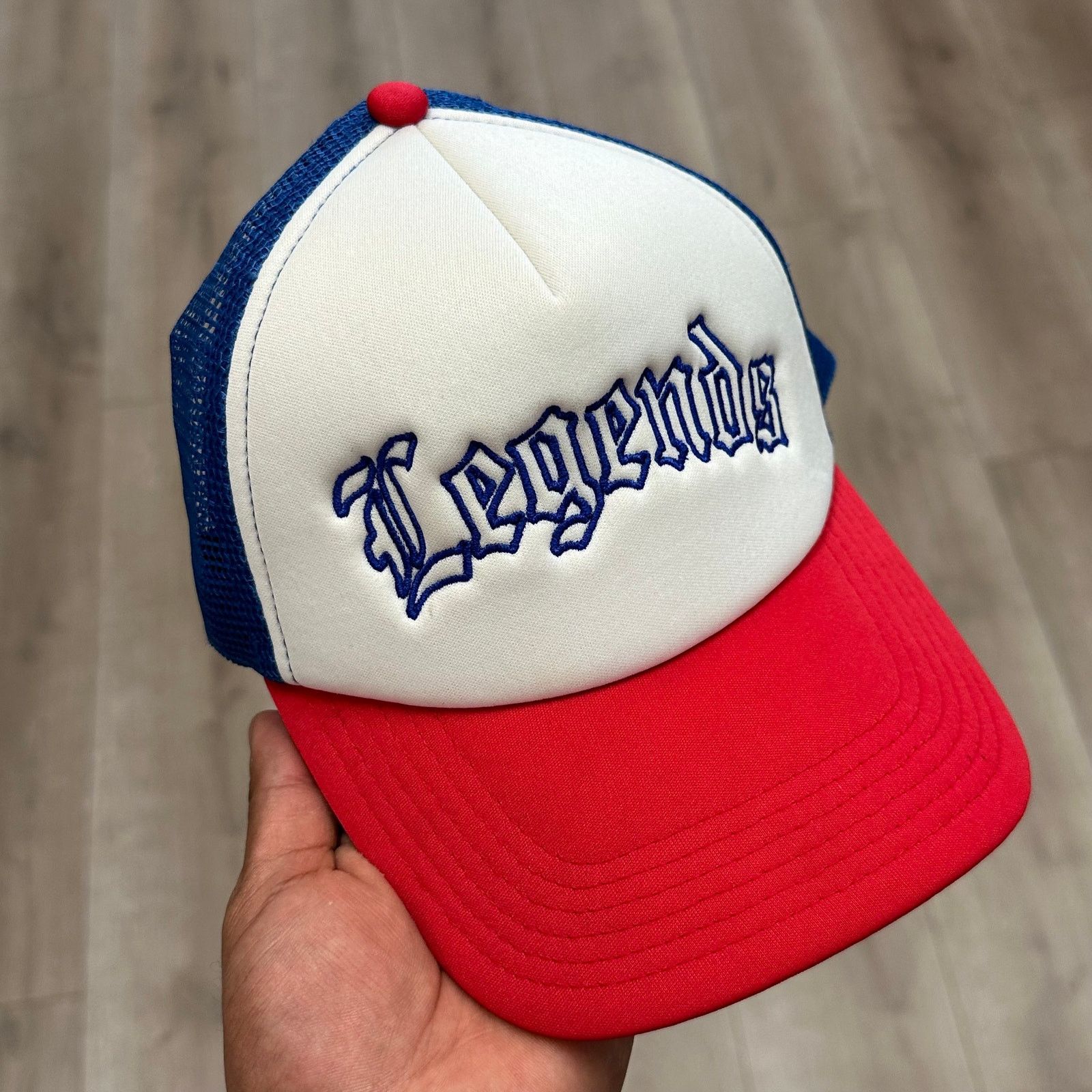 Stussy Legends Old English Red White Blue Trucker Hat Cap Size ONE SIZE - 1 Thumbnail