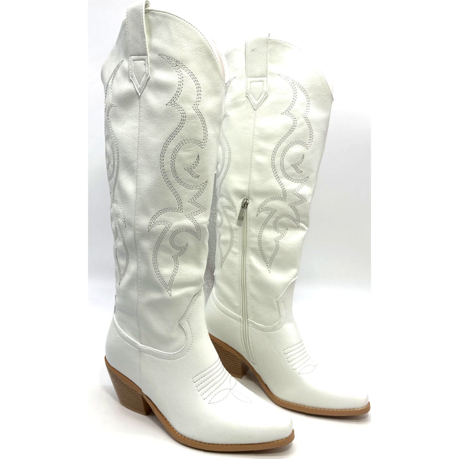 Vintage Platikly White Embroidered Knee High Vegan Leather Cowboy Boots Women Size 8 Size US 8 / IT 38 - 2 Thumbnail