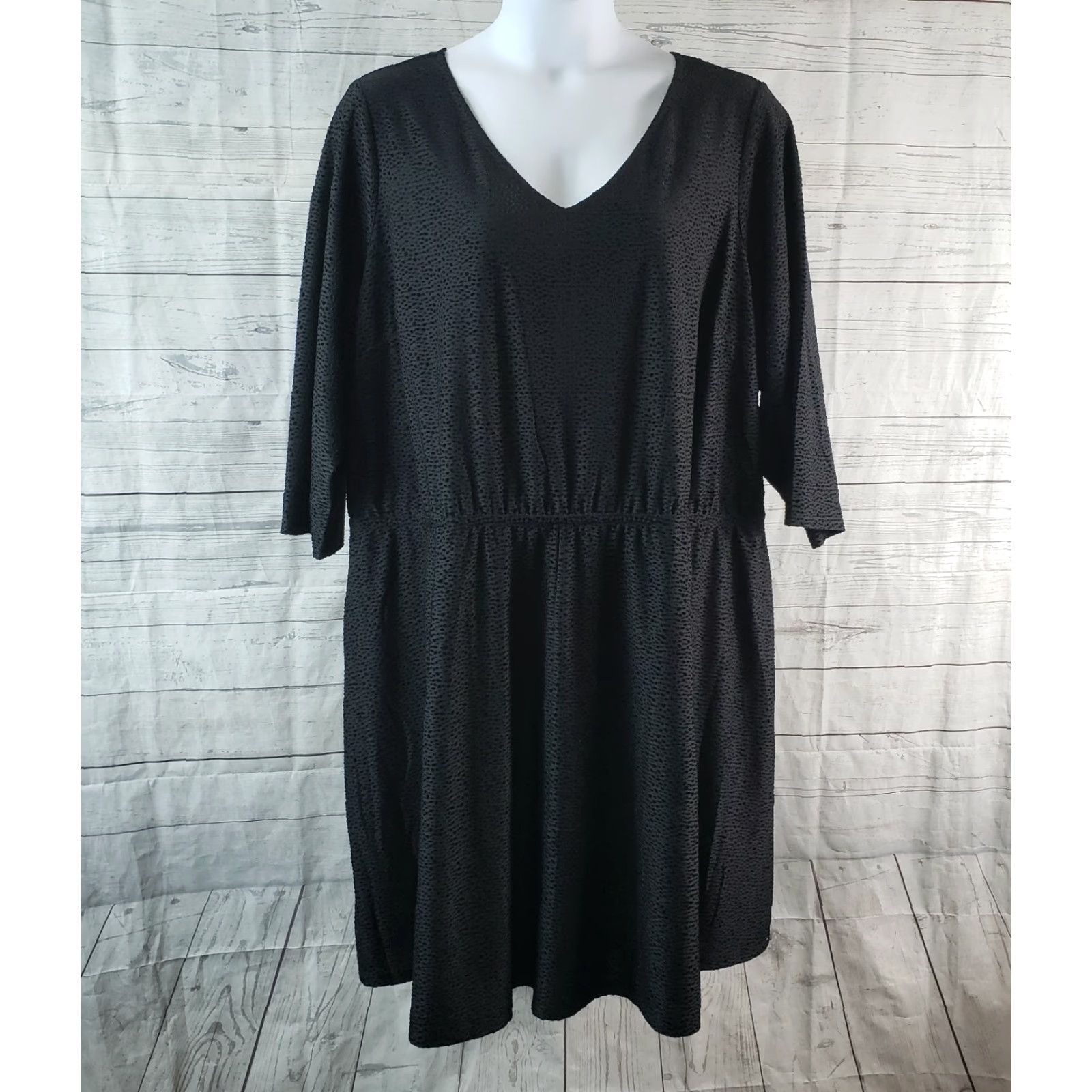 Vintage Lane Bryant Womens Dress Sz 26/28 Solid Black V-Neck A-Line Pullover Midi Plus Size 26/28 Womens Black Line Bryant Dress Size 4XL / US 24-26 - 2 Thumbnail