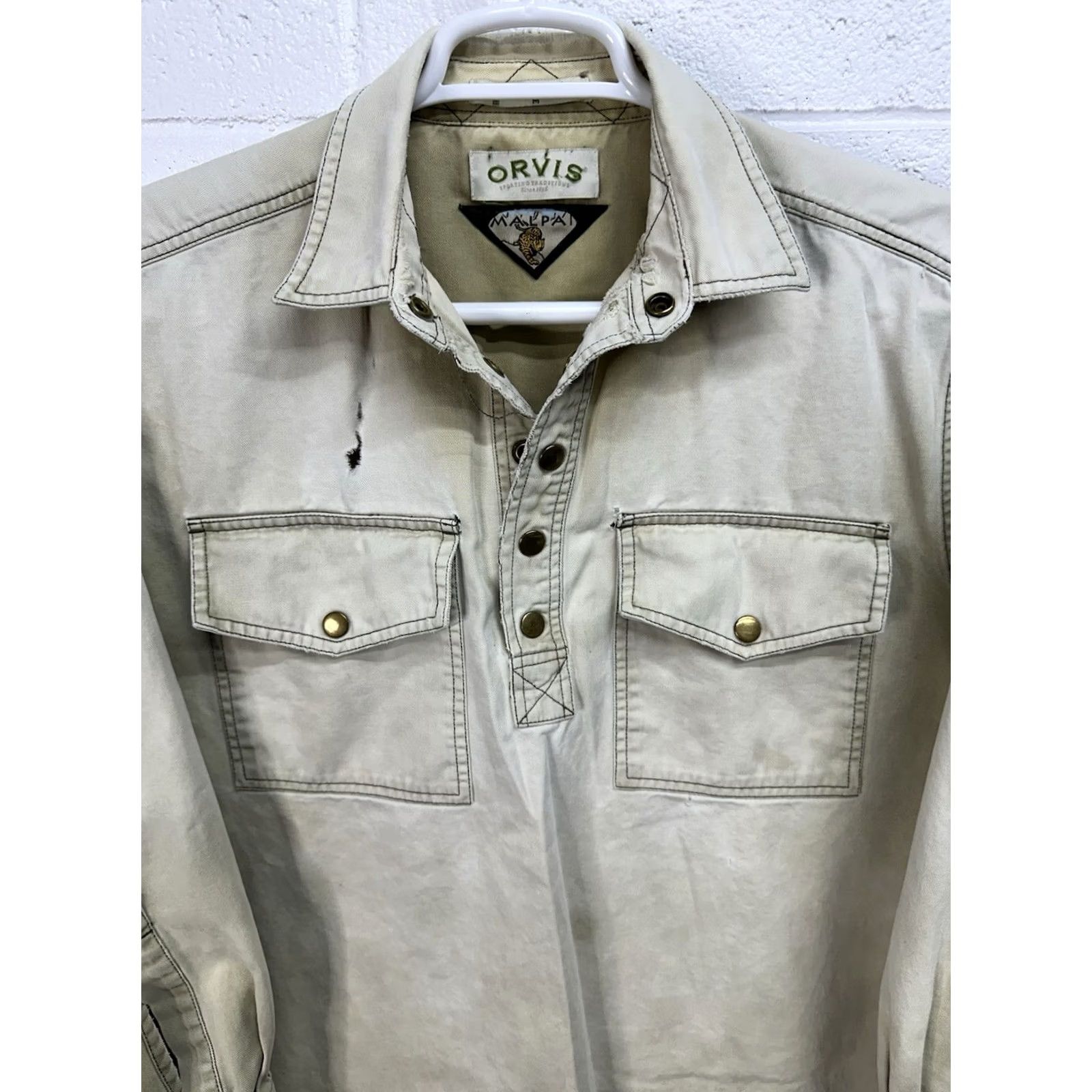 Orvis VINTAGE ORVIS Canvas Popover Shirt Medium Green Heavyweight Cotton Snap Front Destroyer Mens Size US L / EU 52-54 / 3 - 2 Thumbnail