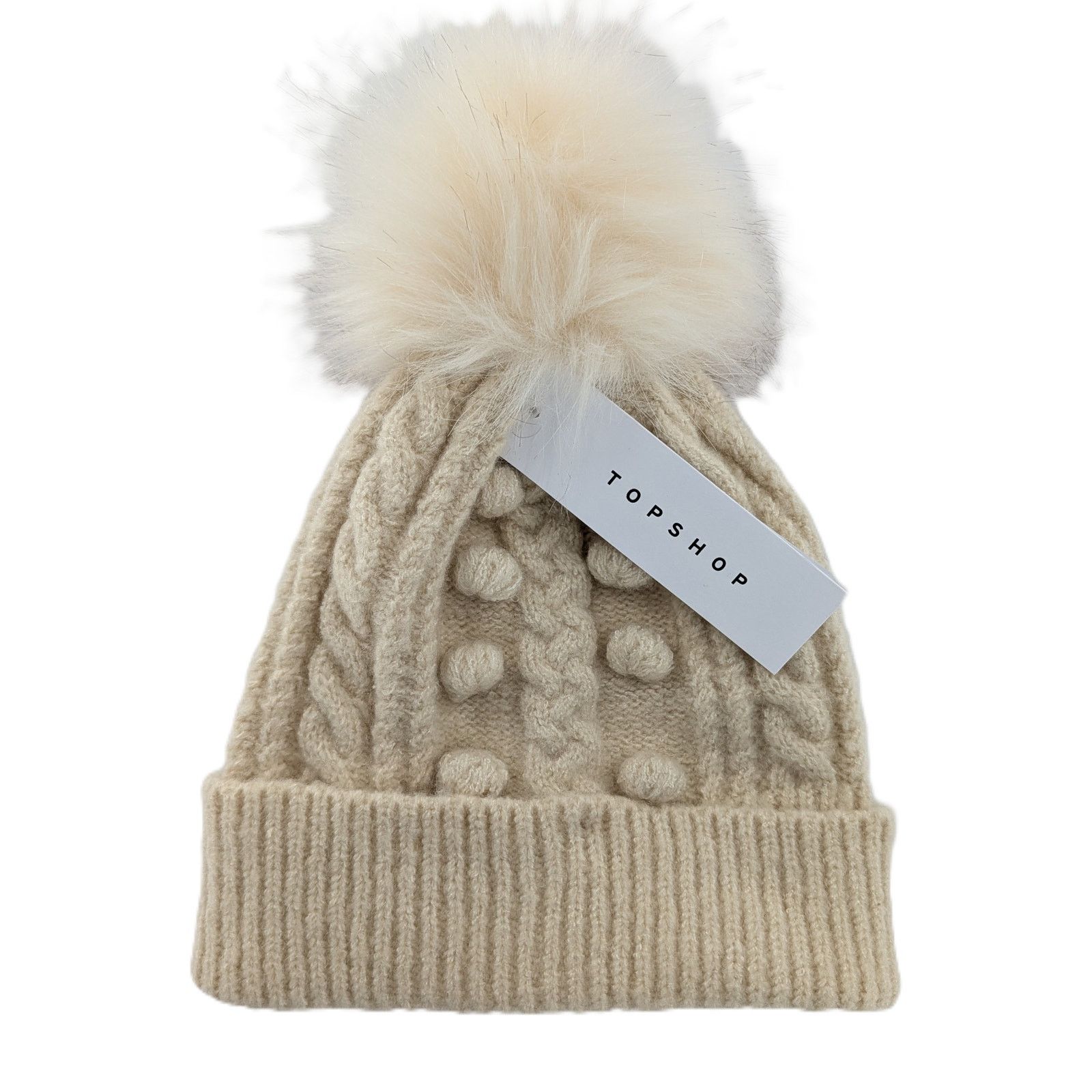 Topshop Cream Cable Knit Beanie Cuffed Pom Hat by Topshop Size ONE SIZE - 4 Thumbnail