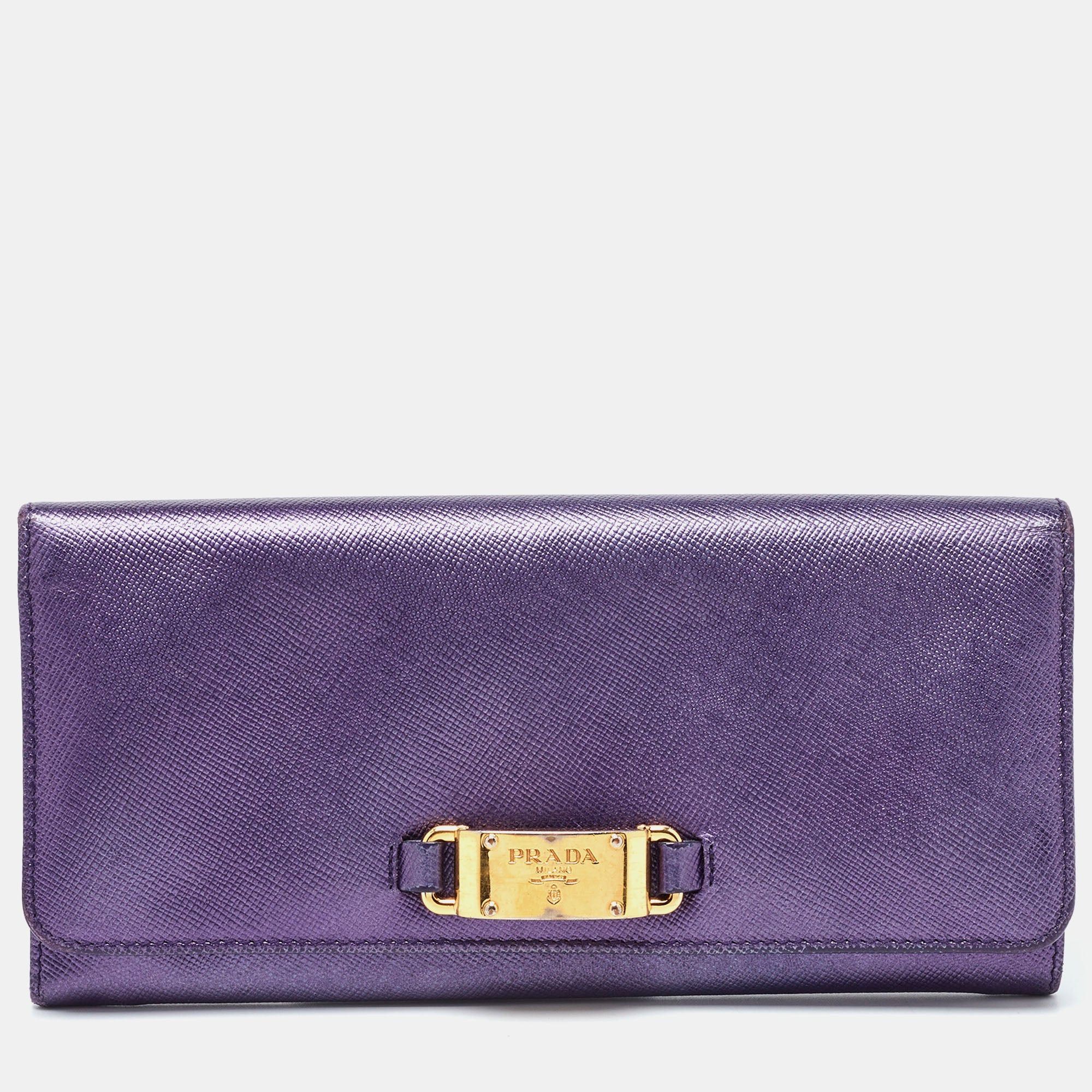 image of Prada Purple Saffiano Leather Logo Flap Continental Wallet, Women's