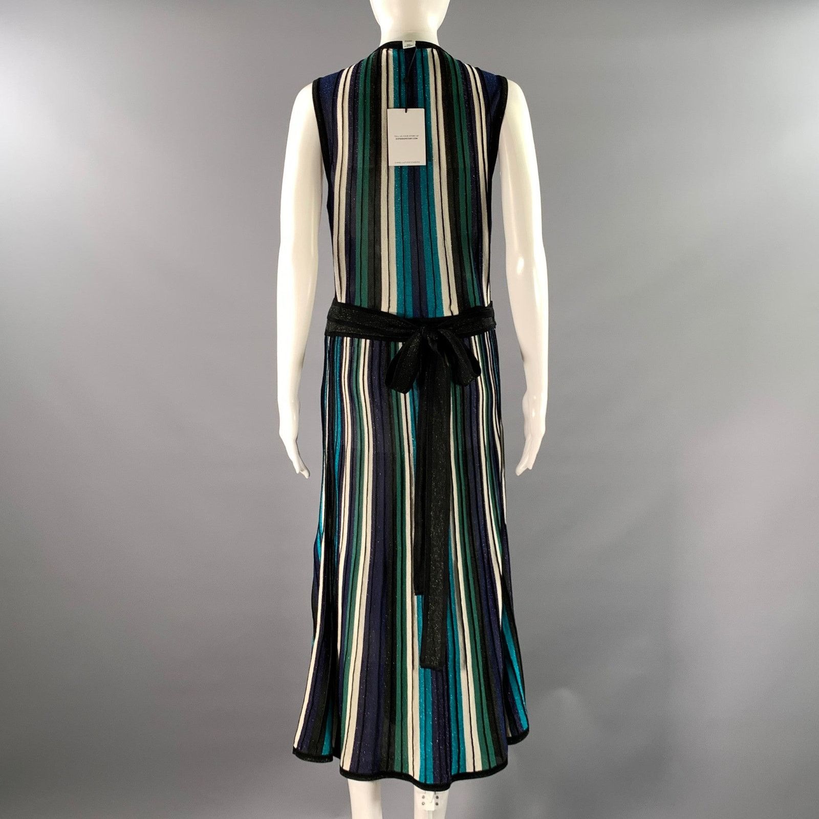 Diane von Furstenberg DVF M Black Green Silk Blend Stripe Wrap Mid-Calf Dress Size M / US 6-8 / IT 42-44 - 4 Thumbnail