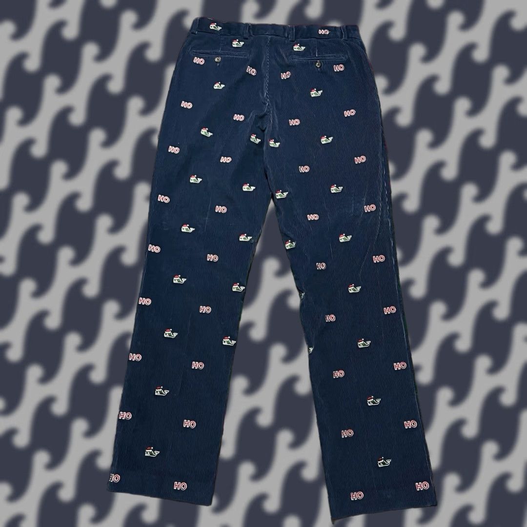 Vineyard Vines Breaker Pant Mens 33x32 Corduroy Blue Christmas Whale Print Holiday C1 Pants Regular Straight Pocket Zipper Button Embroidered Logo