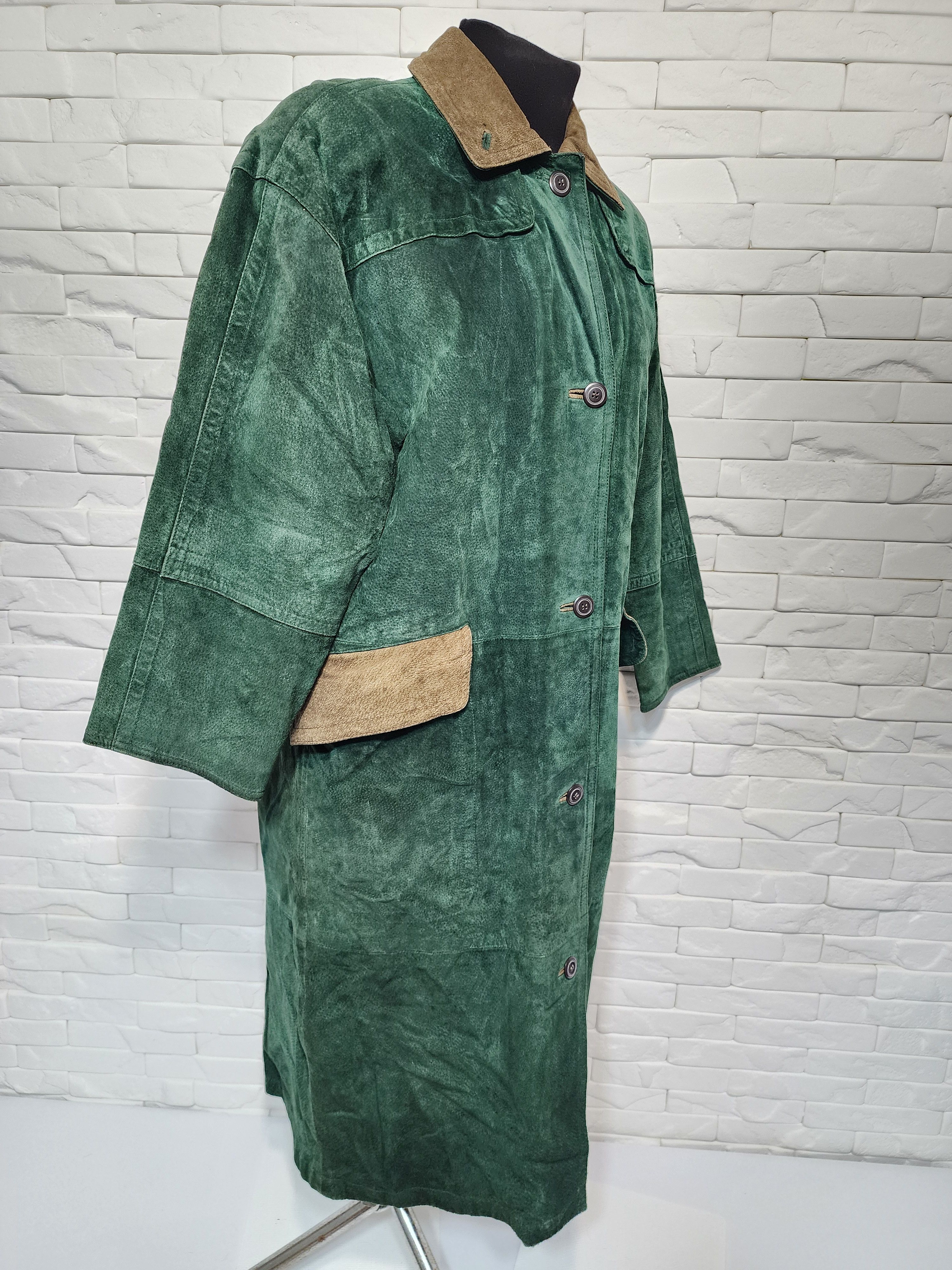 Genuine Leather Green Leather Jacket: Womrn's Button Long Coat Size XL / US 12-14 / IT 48-50 - 3 Thumbnail