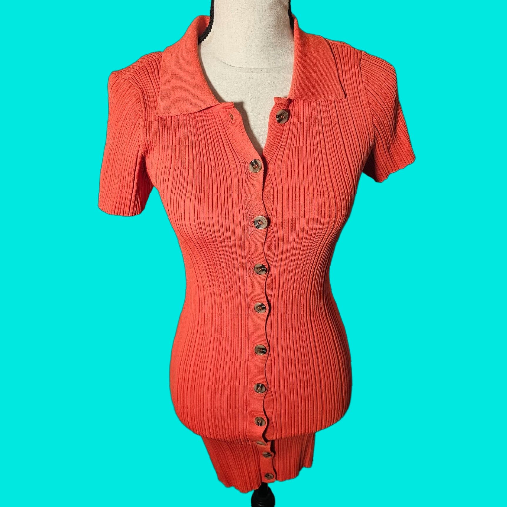 Forever 21 FOREVER 21 Dress Womens S Ribbed Knit Short Sleeve Button Neck Mini Peach Orange Dress Size 28" / US 6 / IT 42 - 1 Thumbnail