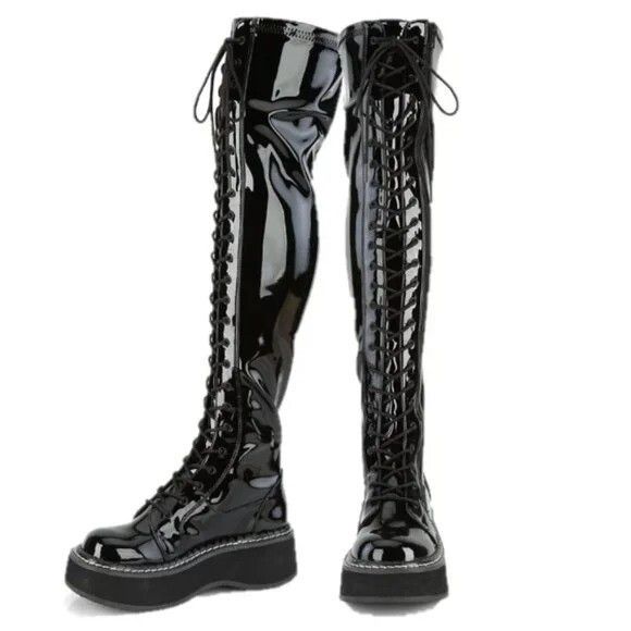 Demonia Cult DEMONIA Emily 375 Black Patent Lace Up 2" Platform Goth Punk Size US 7 / IT 37 - 5 Thumbnail