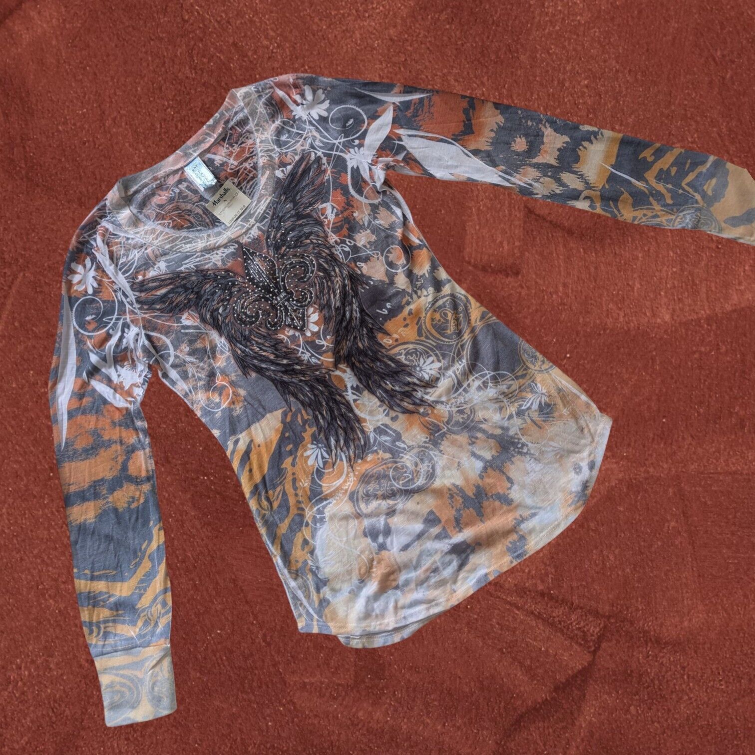 Other Womens LS Top Shirt Rust Orange Gray Fleur De Lis Sequins Size L / US 10 / IT 46 - 1 Thumbnail
