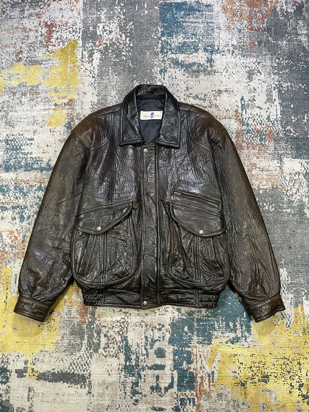 Genuine Leather Vtg Alan Martin Italy Back Embossed Sheepskin Bombers Size US L / EU 52-54 / 3 - 1 Thumbnail