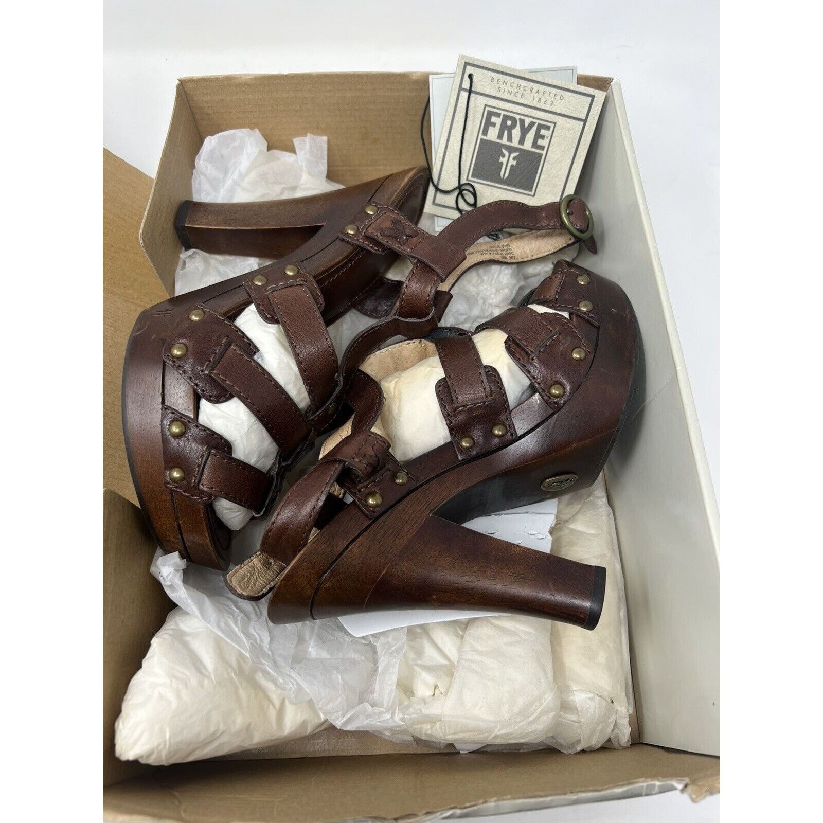 Frye FRYE Brown Leather Dara T Strap Sandals Wooden Heel Sz 8.5 M Size US 8.5 / IT 38.5 - 1 Thumbnail