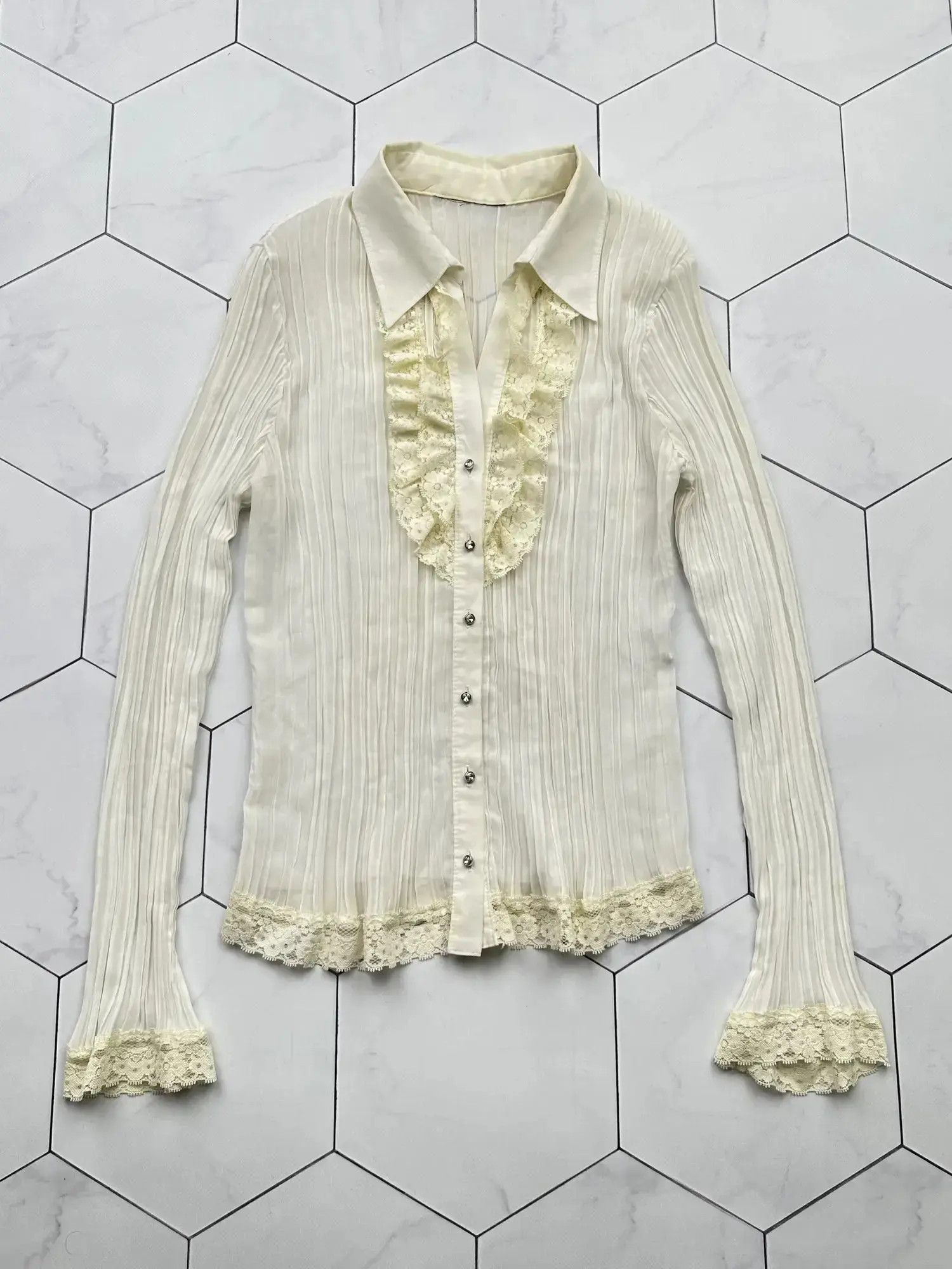 Japanese Brand Vintage Mesh Plisse Blouse (B534)E2 Size S / US 4 / IT 40 - 1 Thumbnail