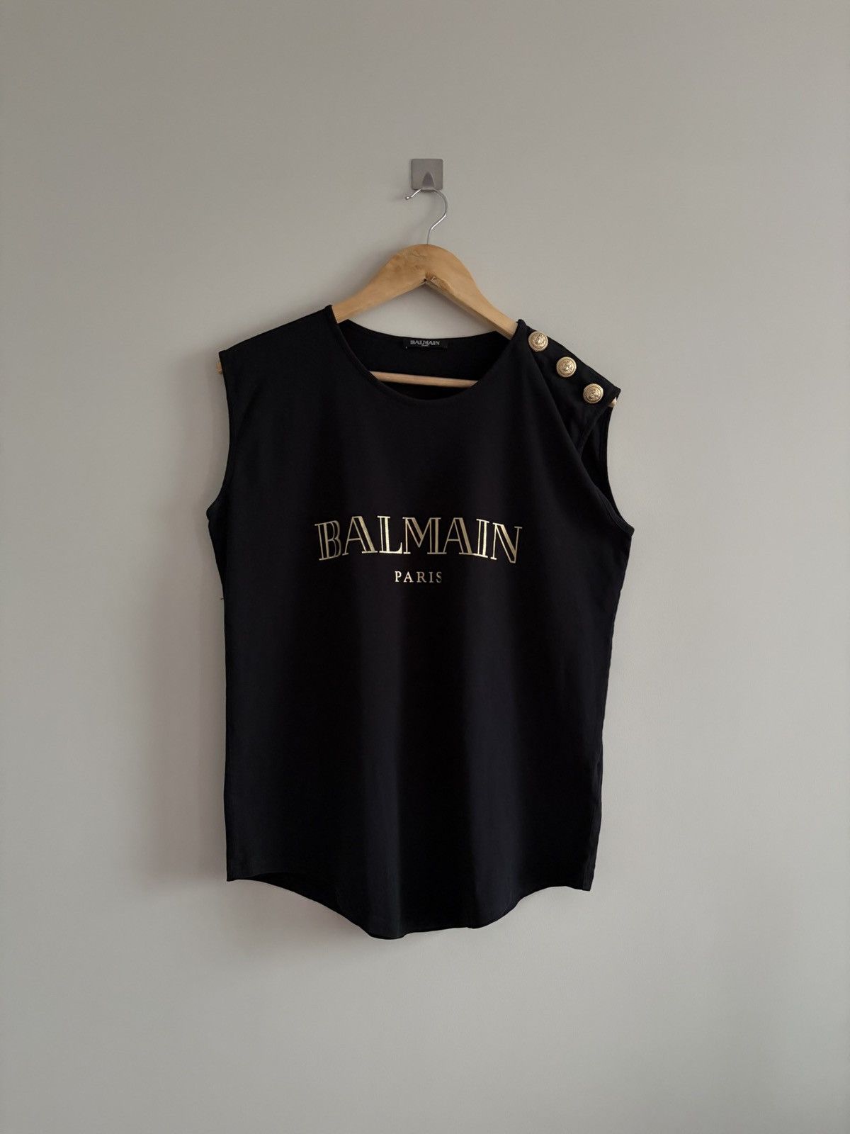 Balmain Paris Logo Gold-Button Tank Top