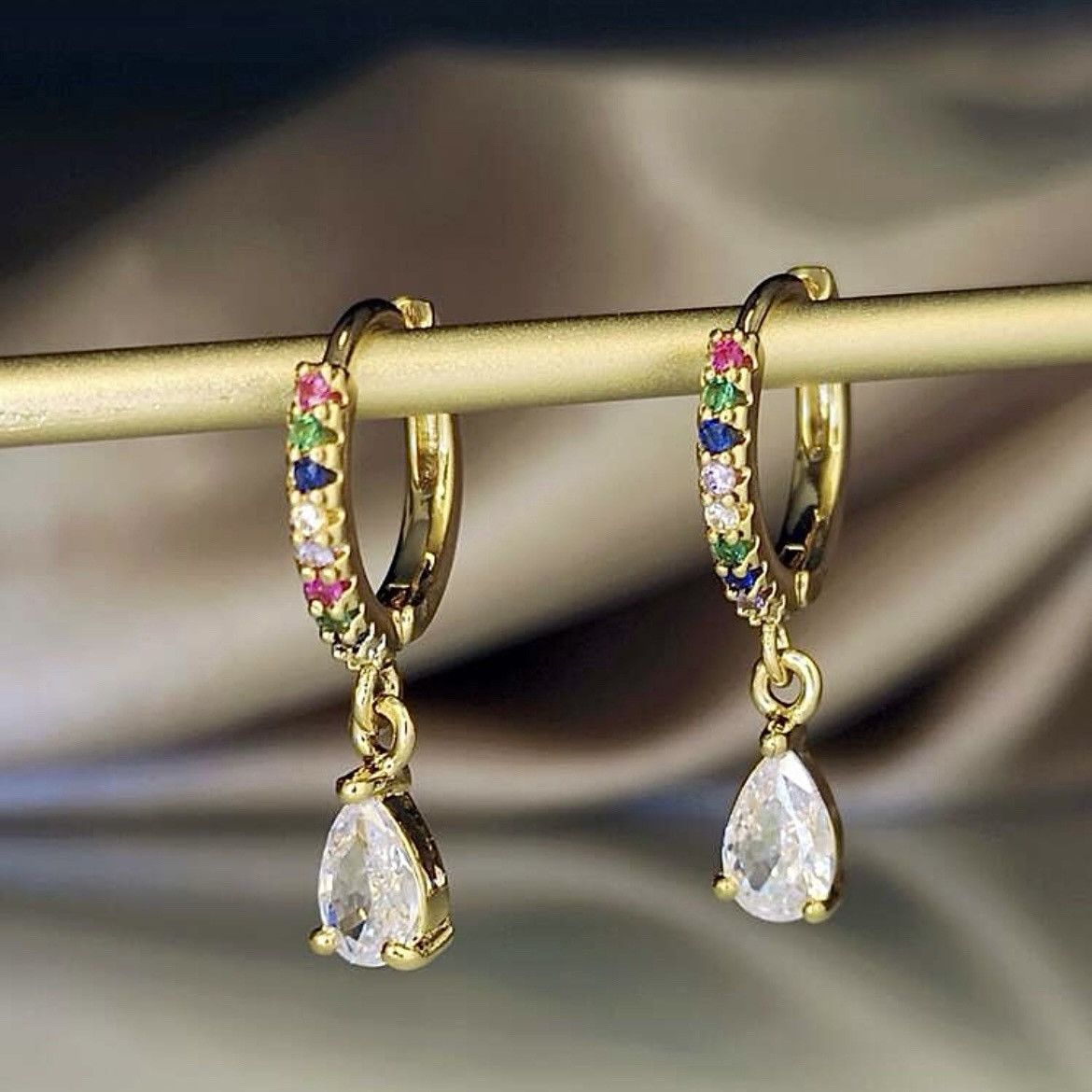 Other Sparkly Crystal Water Drop Gold Small Hoop Luxury Earrings Size ONE SIZE - 4 Thumbnail