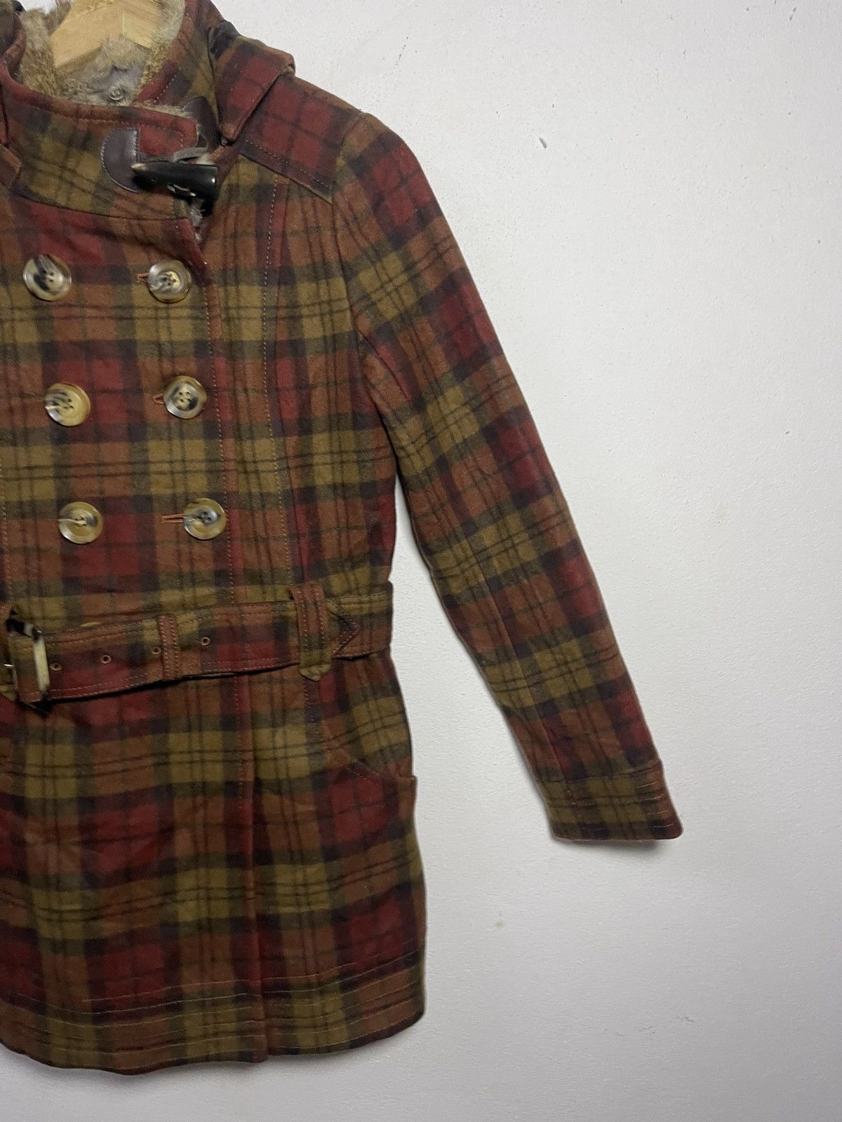 Japanese Brand Peyton Place Plaid Wool Blend Trench Coat Rabbit Fur Collar Size S / US 4 / IT 40 - 4 Thumbnail