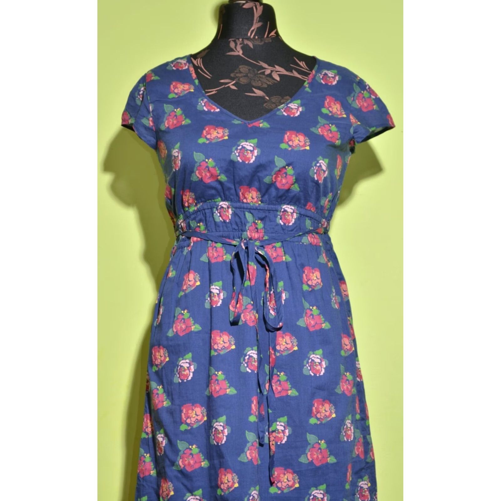 Vintage Seasalt Dress Women Short Sleeve V-Neck Blue Floral Print Midi 12 UK12 Size 34" / US 12 / IT 48 - 2 Thumbnail