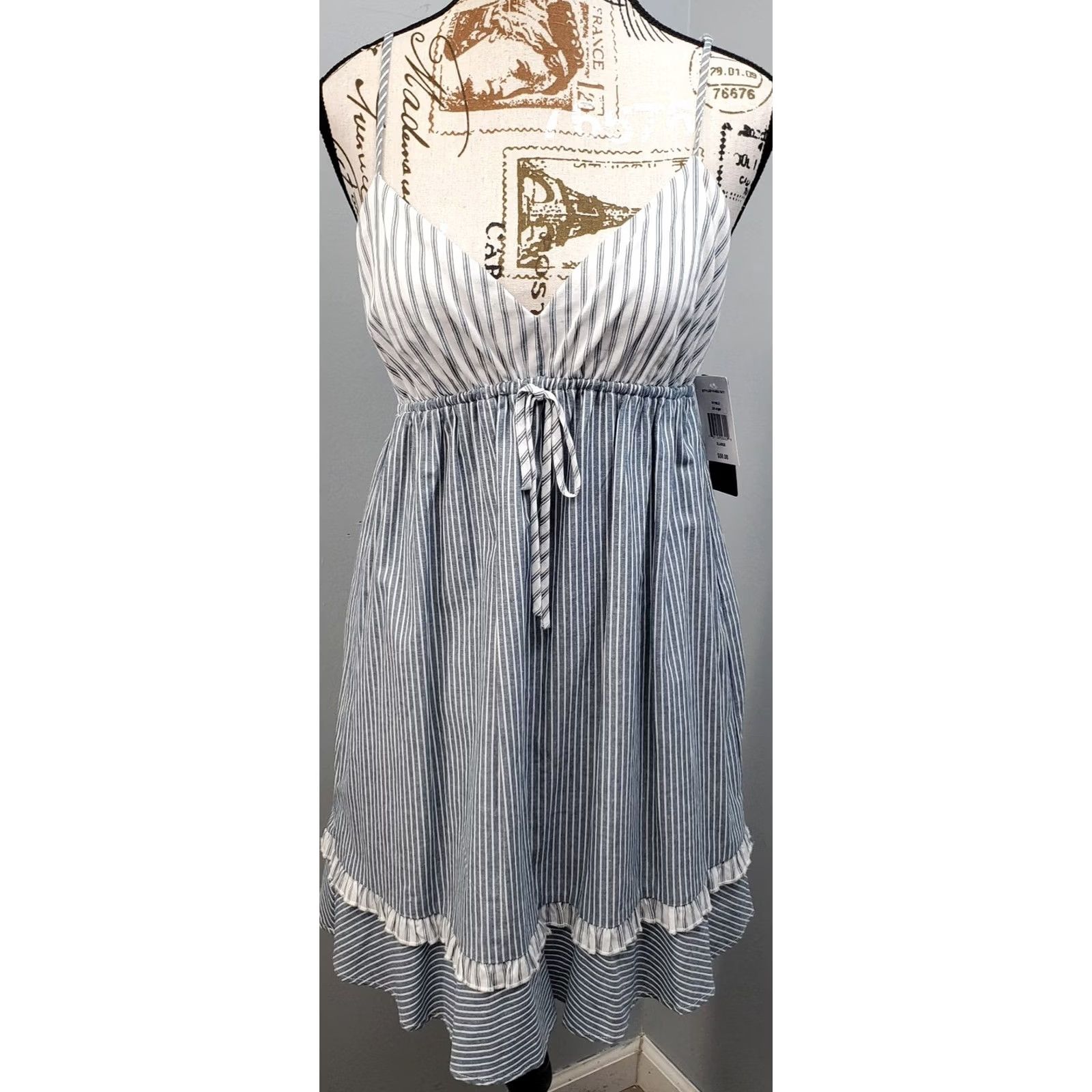 Vintage City Triangles Aruba Mini Dress Womens XL Blue White Striped Spaghetti Straps Size XL / US 12-14 / IT 48-50 - 2 Thumbnail