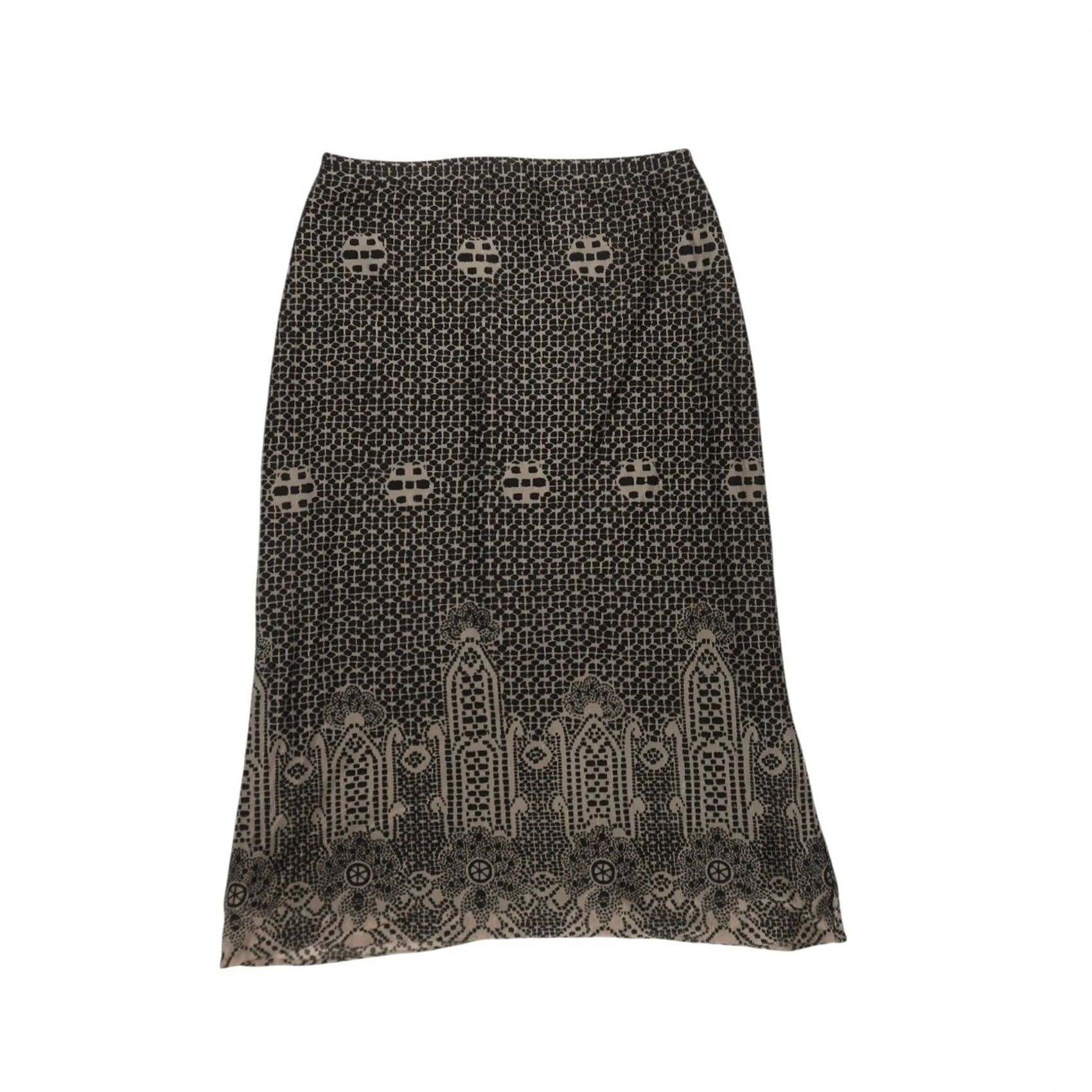 Vintage VINTAGE Henna Skirt Geometric Midi S Black Tan Grid Mandala Print A-Line Women XS? Size 28" / US 6 / IT 42 - 3 Thumbnail