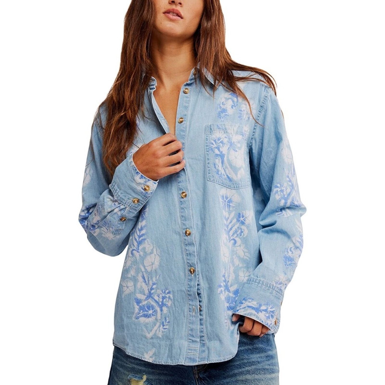 Free People Free People Free Airbrushed Blossom Denim Top - Women's Size XS / US 0-2 / IT 36-38 - 1 Thumbnail