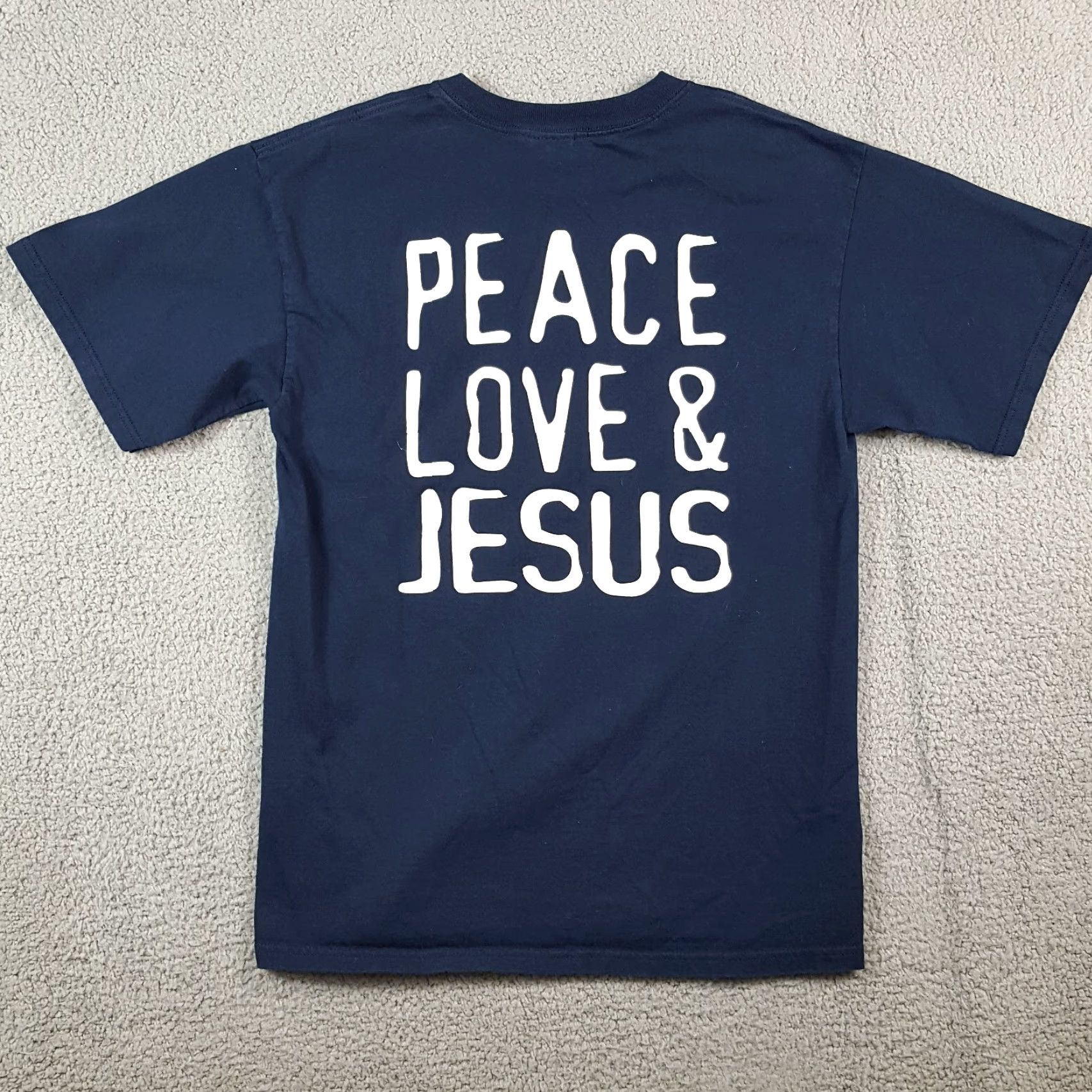 Gildan VINTAGE Gildan Peace Love & Jesus Distressed T-Shirt Men's Medium Navy Blue 90s Retro Casual Short Sleeve Y2K Size US M / EU 48-50 / 2 - 4 Thumbnail