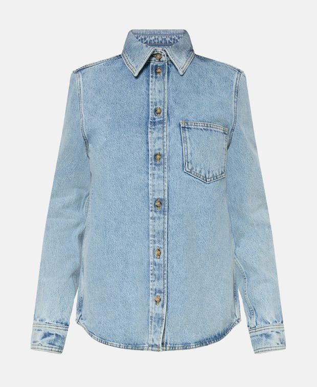 Denim Blouse Petite in Blue, Women's (Size Xs)