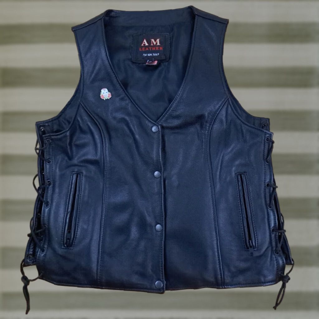 Vintage AM Leathers Vest Leather with Side Laces inside Pockets Black XL Mens Vest Motorcycle Jacket 23in long 20in pit to pit Size US XL / EU 56 / 4 - 1 Thumbnail