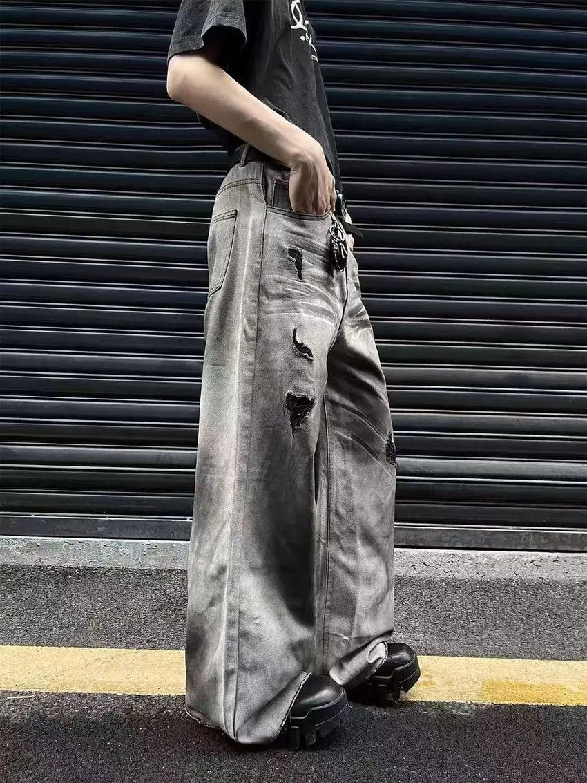 Designer × Japanese Brand Faded color washed dirty wash ripped design wide leg jeans Size US 33 - 5 Thumbnail