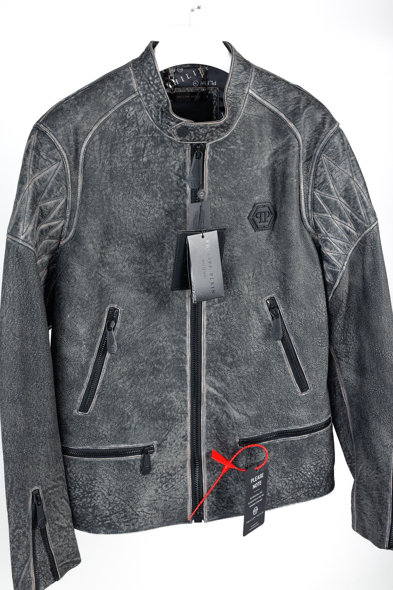 Philipp Plein Philipp Plein Grey Black Skull Leather Moto Jacket Size US XXL / EU 58 / 5 - 3 Thumbnail