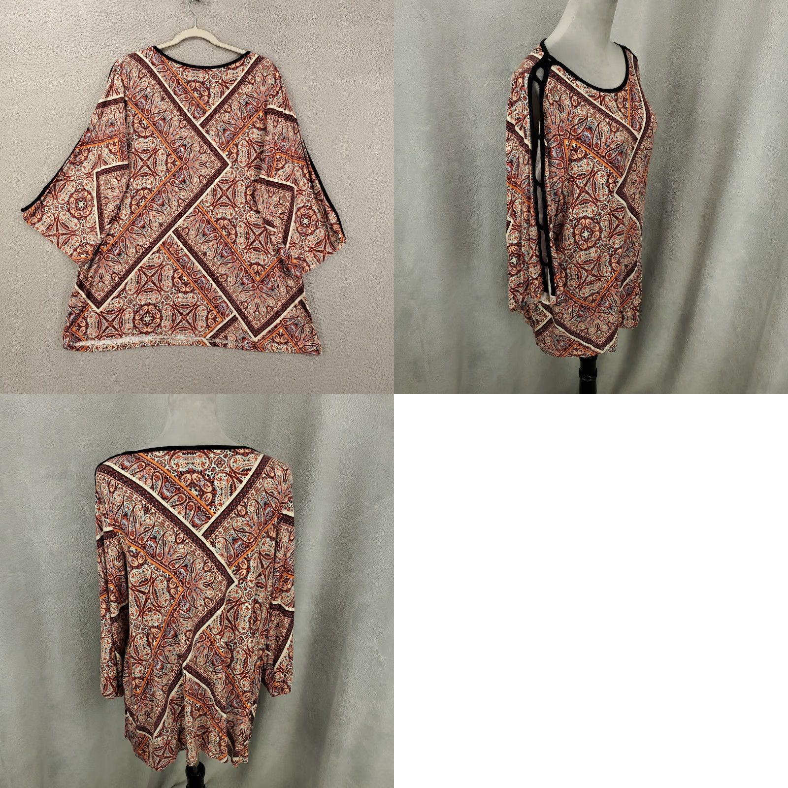 Vintage Rose And Olive Tunic Womens 1X Boho Geometric Cold Shoulder Sleeves Stretchy Top Size XL / US 12-14 / IT 48-50 - 8 Thumbnail