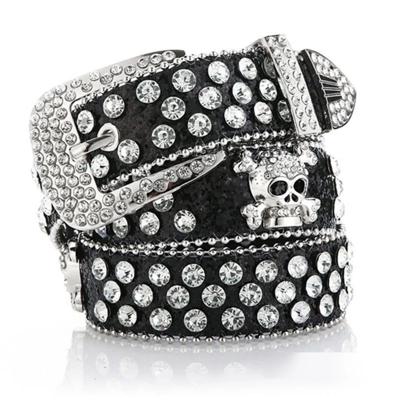 image of Rhinestone Skull Pu Leather Belt in Black, Men's