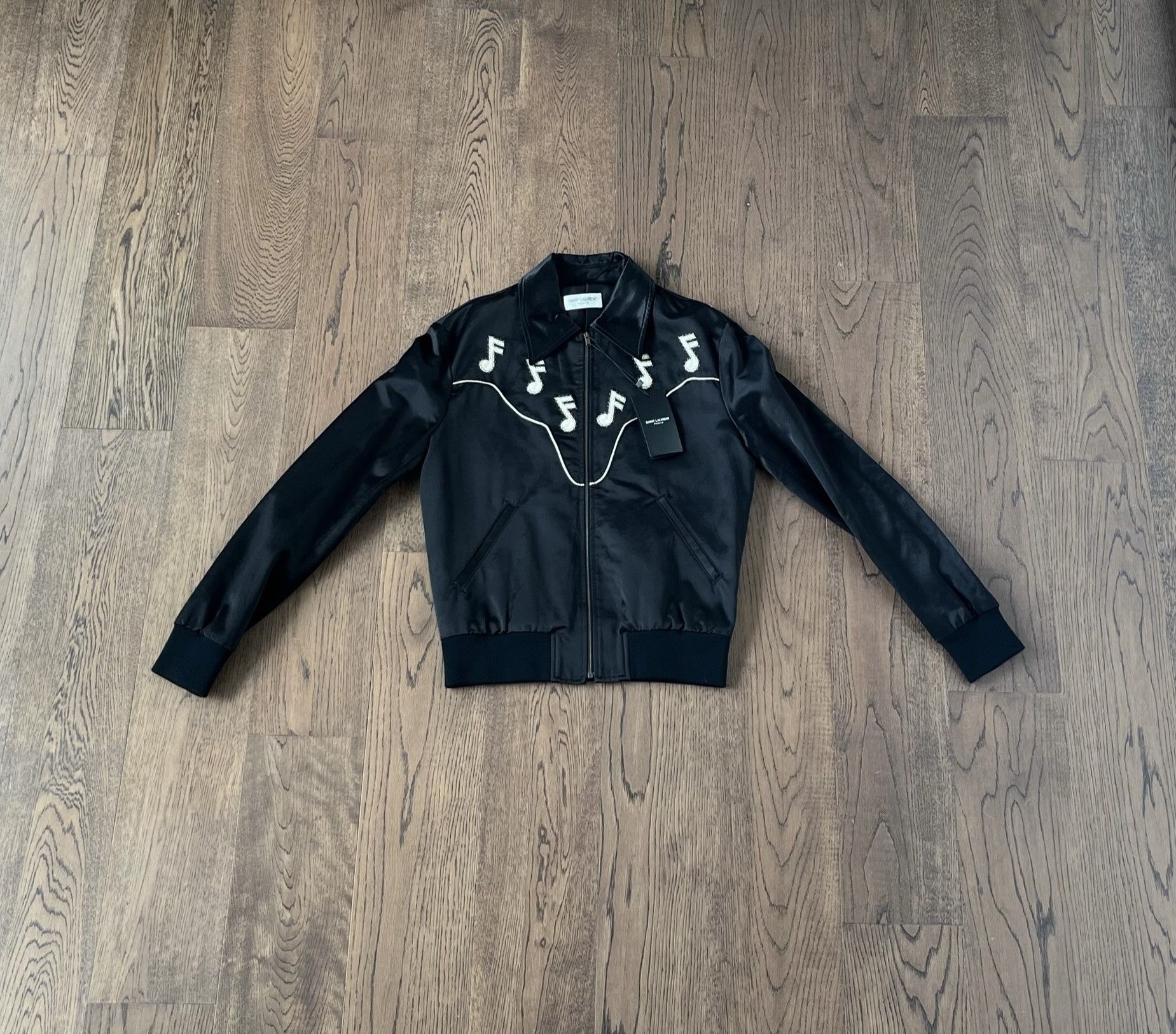 image of Saint Laurent Paris Hedi Slimane Music Note Bomber Jacket Xs in Black, Men's