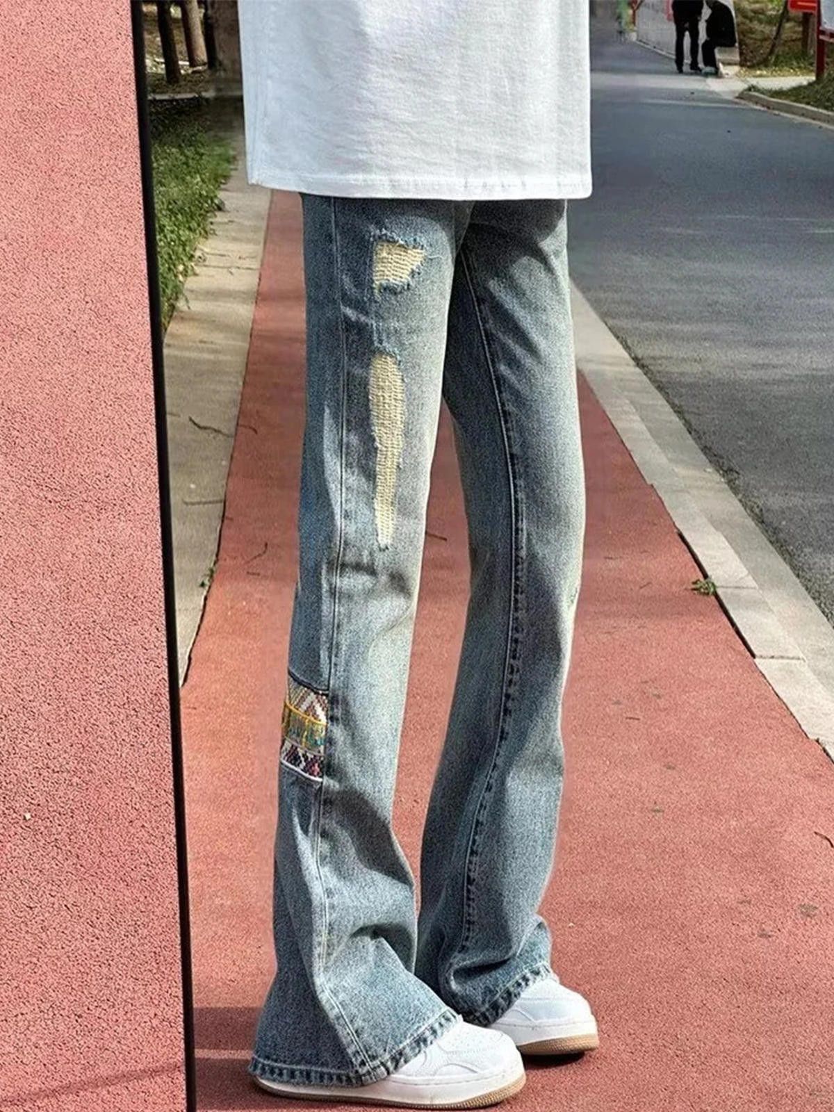 Japanese Brand Light Blue Distressed Flared Denim Jeans with Patch Size US 30 / EU 46 - 1 Thumbnail
